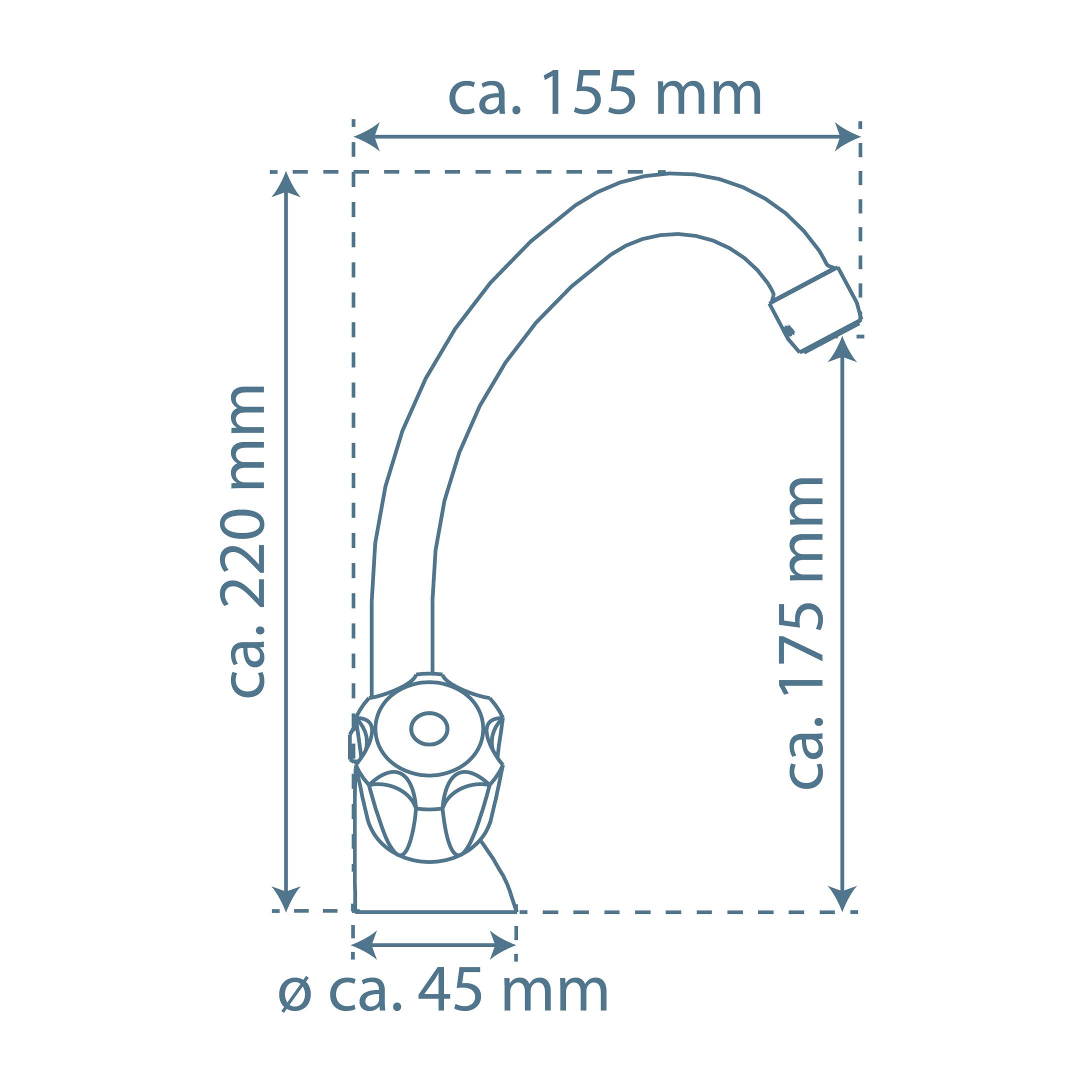 „Diagramm eines Wasserhahns mit Abmessungen: Höhe 220 mm, Auslaufreichweite 155 mm, Auslaufhöhe 175 mm, Basisdurchmesser 45 mm.