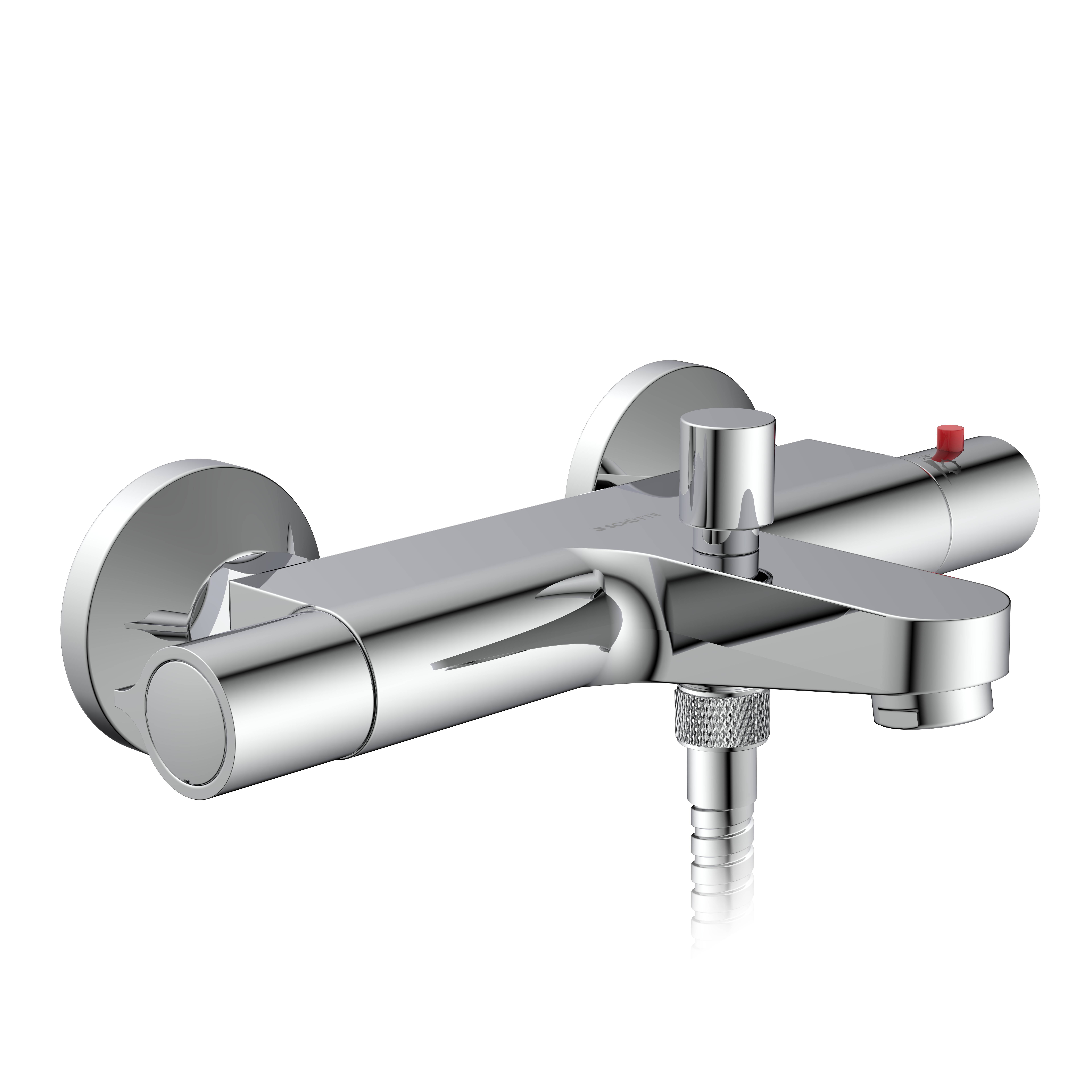 Chrom-Badewannenmischer mit Wandmontage, Mischbatterie mit Hebel, zentralem Umschaltventil und Anschluss für Handbrause auf schwarzem Hintergrund.