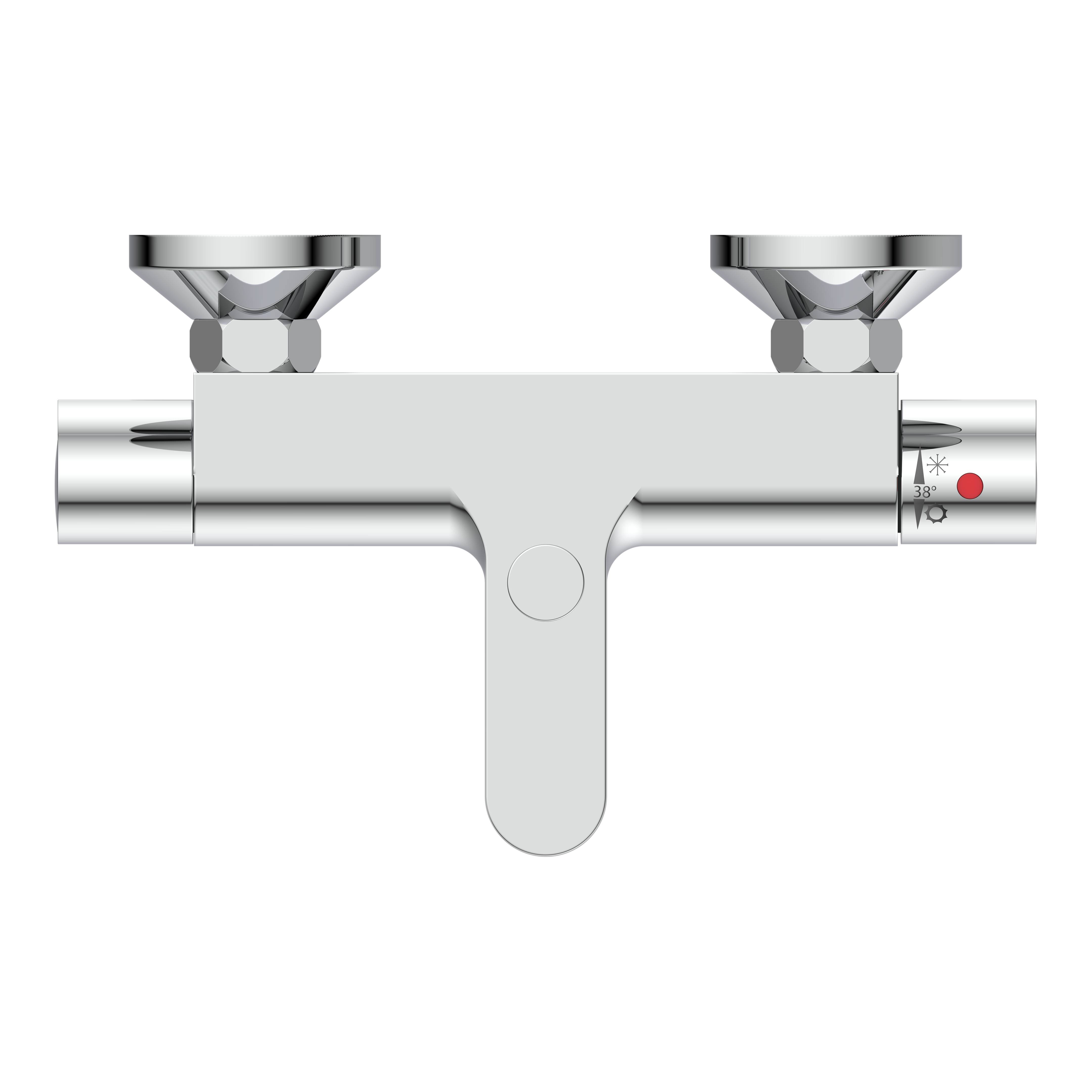 Ein moderner Doppelgriff-Wasserhahn vor schwarzem Hintergrund mit separaten Reglern für heißes und kaltes Wasser, gekennzeichnet mit Symbolen.