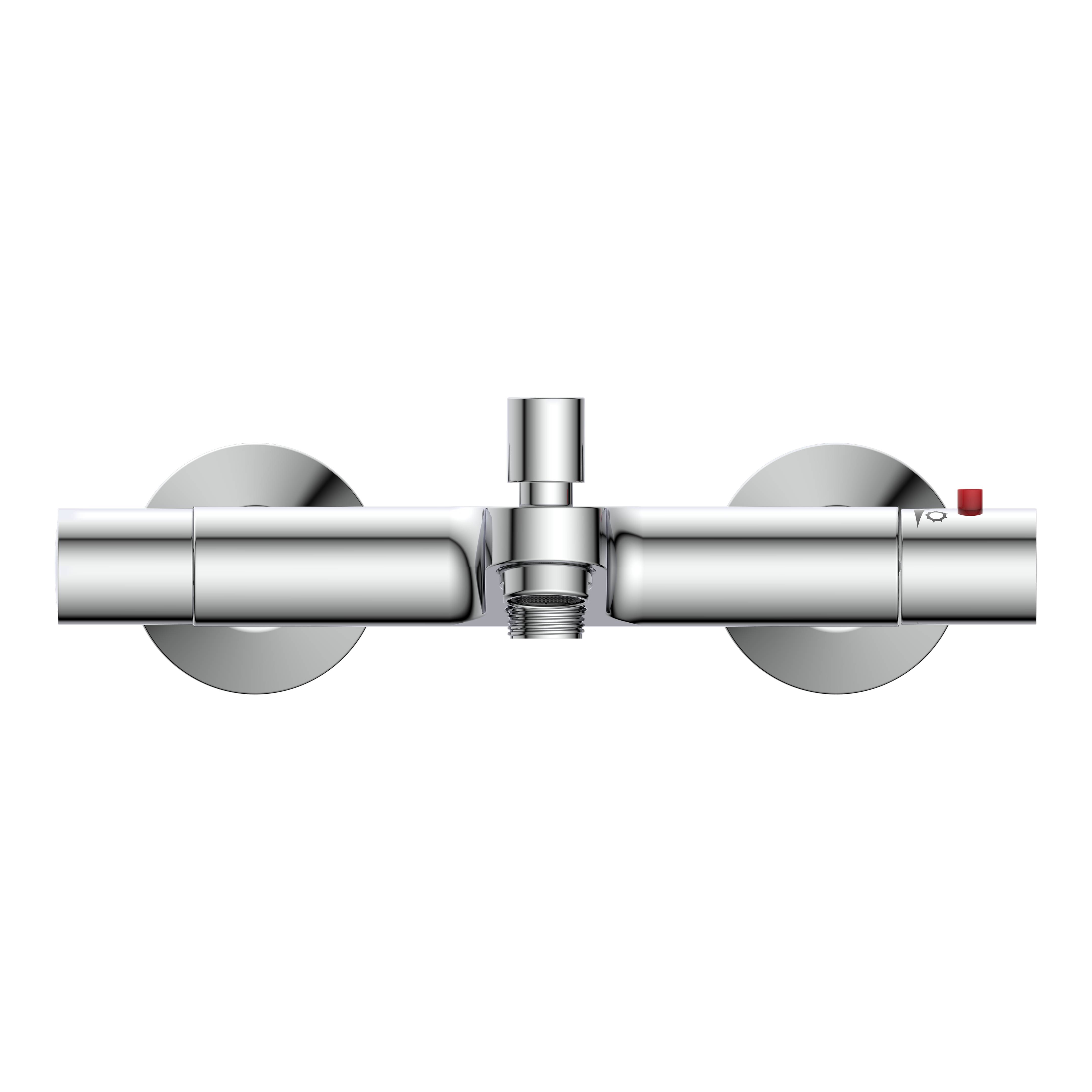 Chrom-Thermostat-Duscharmatur mit zwei horizontalen Wandbefestigungen und einem zentralen Bedienknopf auf schwarzem Hintergrund.