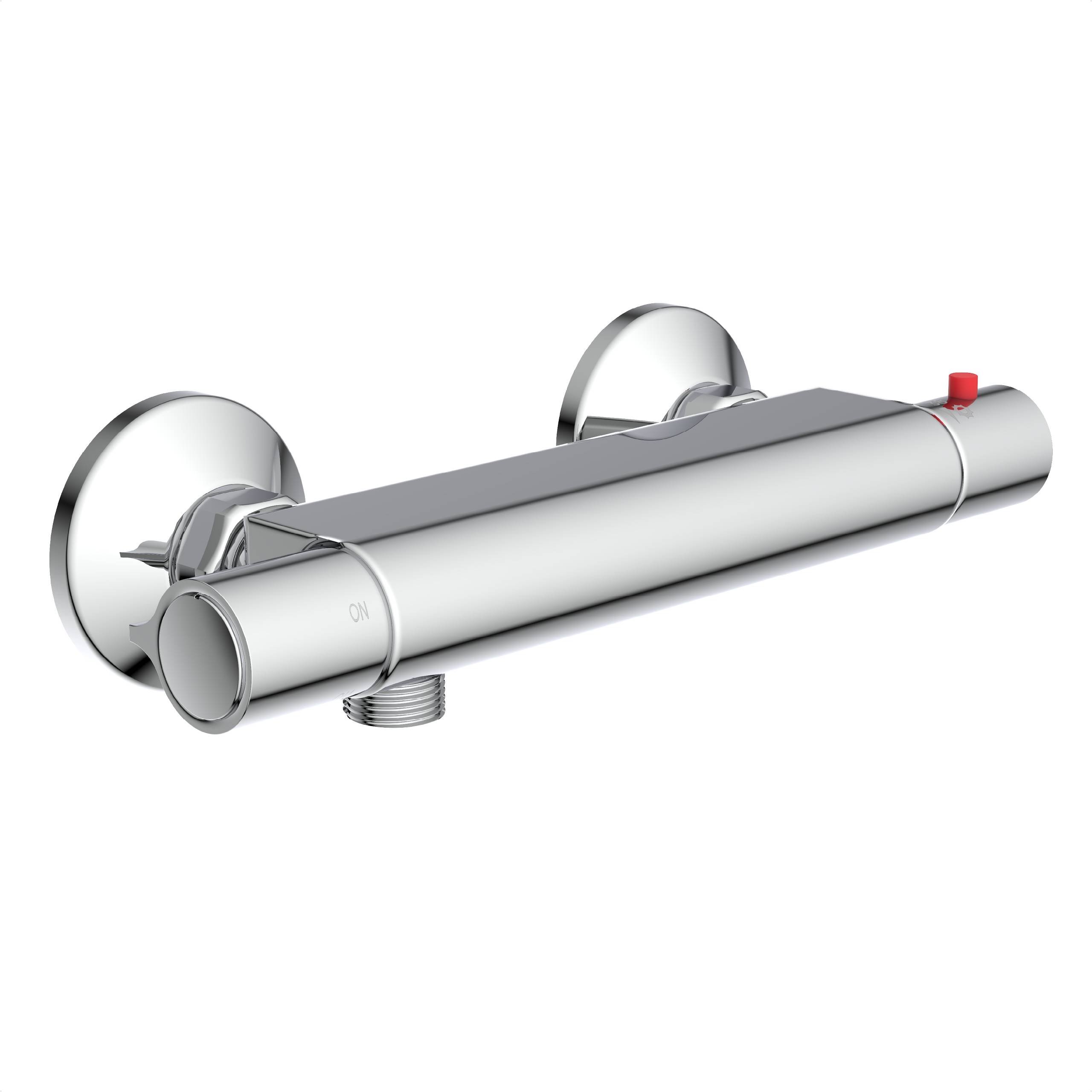 Ein verchromter thermostatischer Brausemischbatterie mit zylindrischer Form, zwei Wandbefestigungen und einem zentralen Wasserauslass.