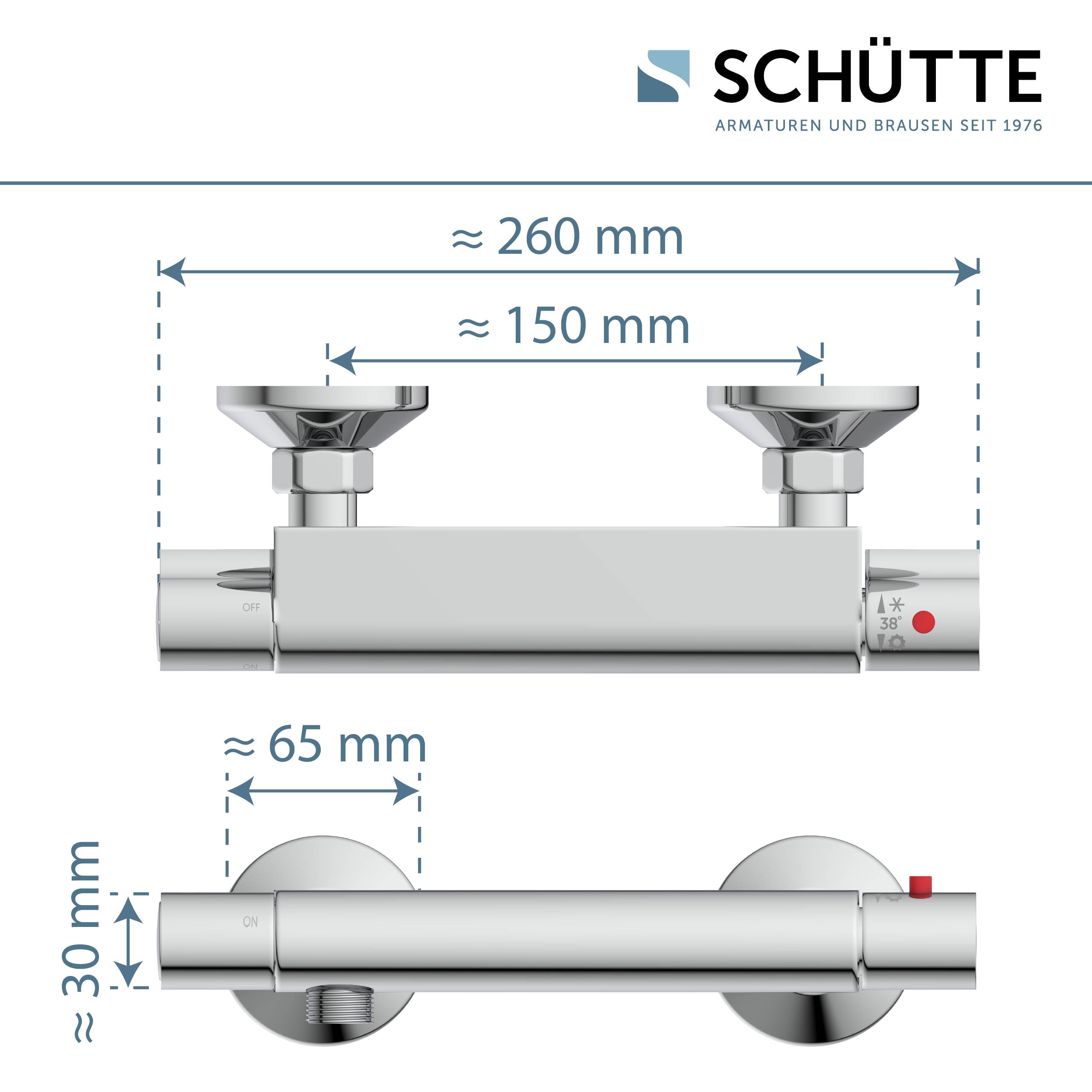 „Diagramm, das ein Brauseventil mit zwei Ansichten zeigt. Die Draufsicht zeigt eine Breite von ungefähr 260 mm und 150 mm zwischen den Bedienungselementen. Die Seitenansicht zeigt eine Höhe von 30 mm und eine Tiefe von 65 mm.