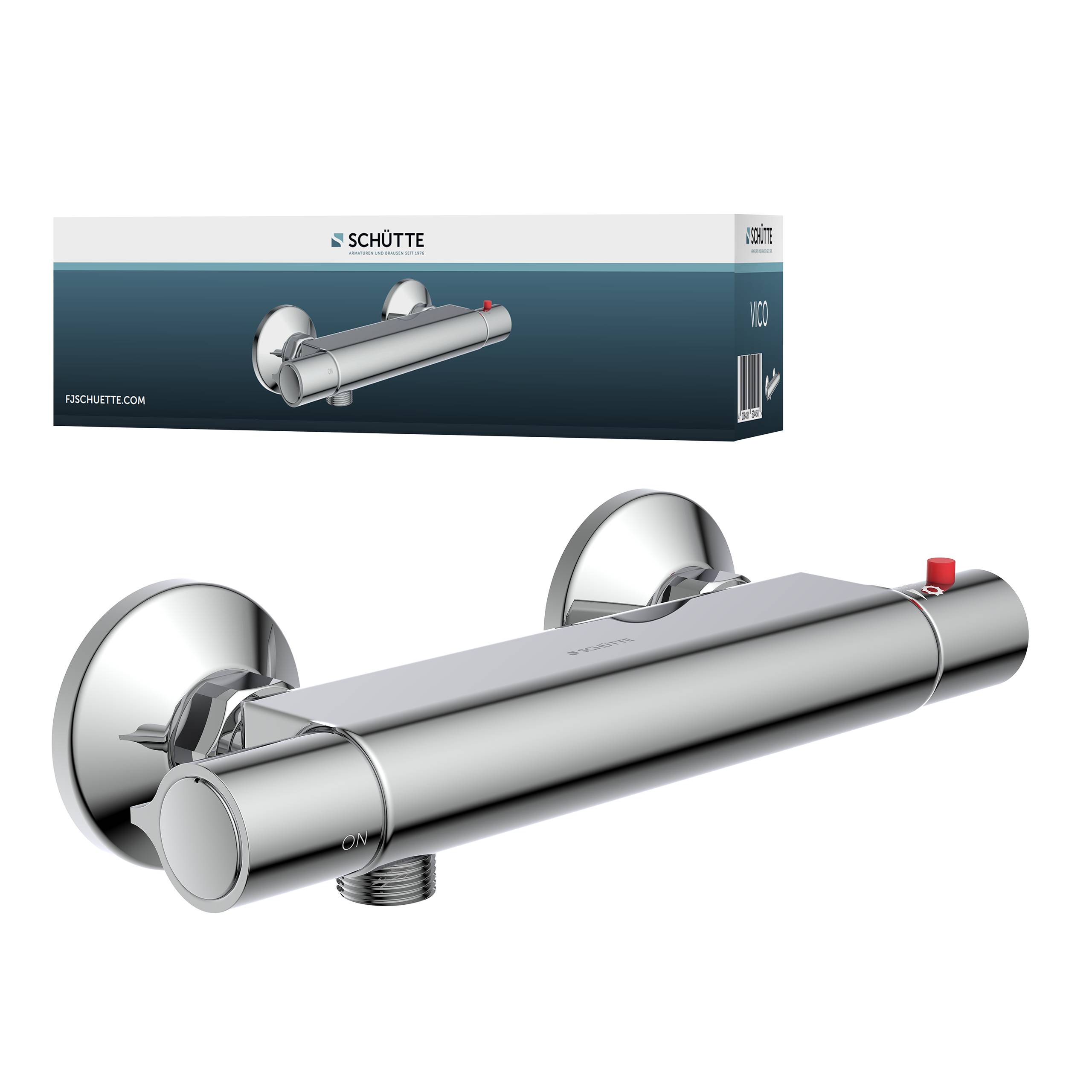 Chromglänzender thermostatischer Duscharmatur neben Verpackungsbox mit Markenlogo. Verfügt über zwei runde Griffe und Auslauf in der Mitte.