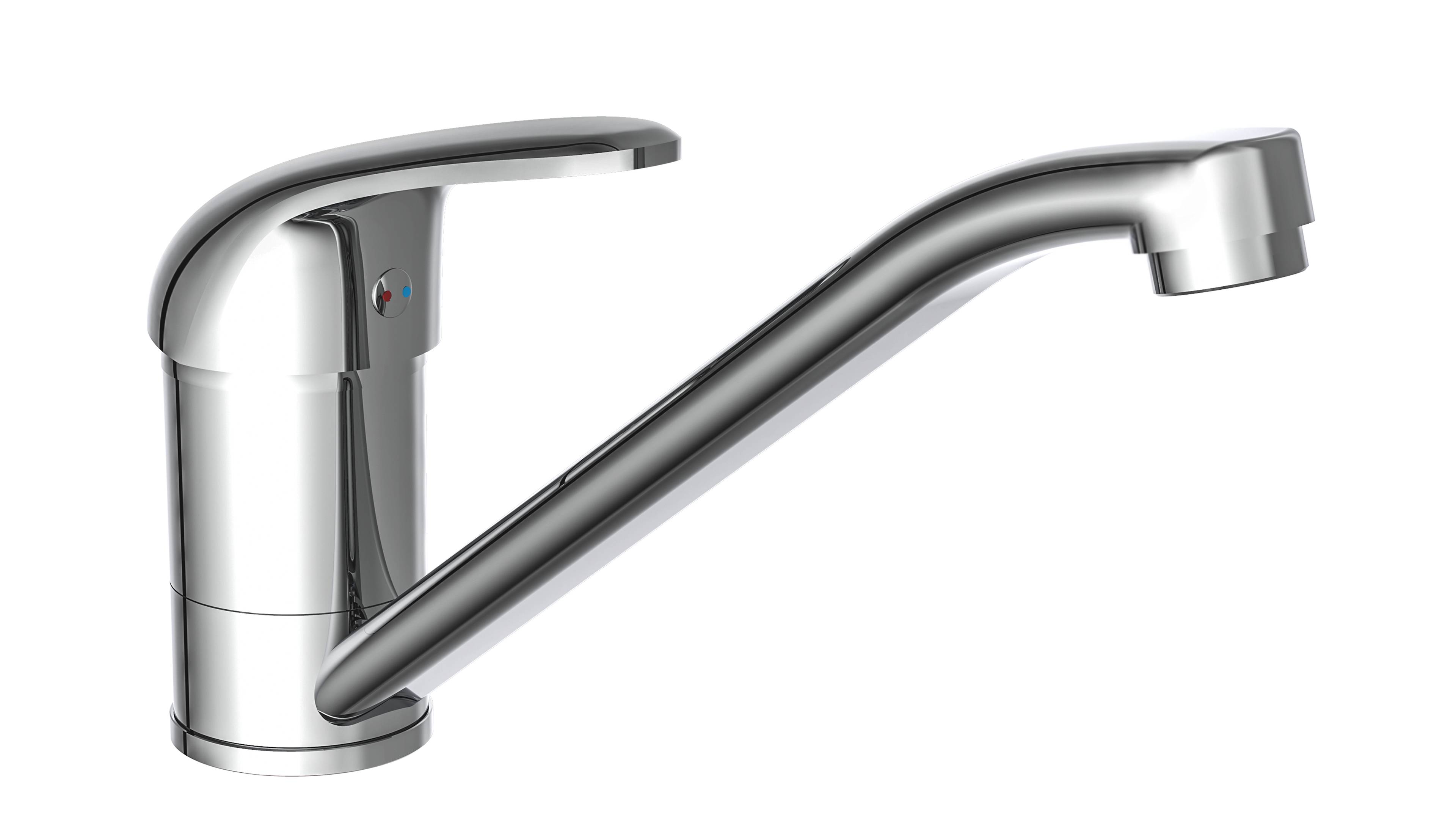 Ein glänzender verchromter Küchenhahn mit einem einhebligen Griff vor schwarzem Hintergrund.