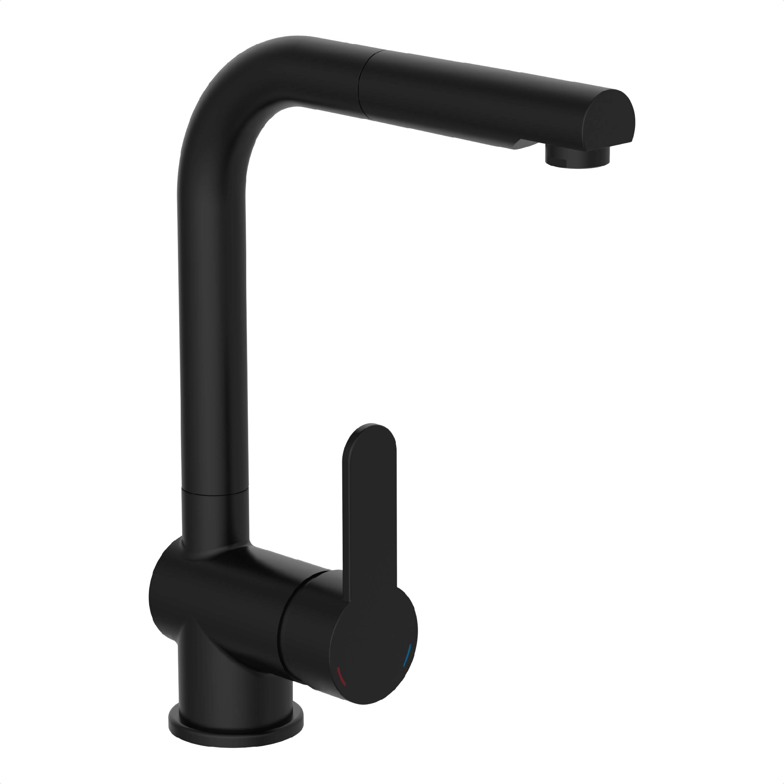 Ein schwarzer, moderner Wasserhahn mit hohem, quadratisch geformtem Auslauf und seitlich angebrachtem Hebel, konzipiert für zeitgemäße Küchenumgebungen.