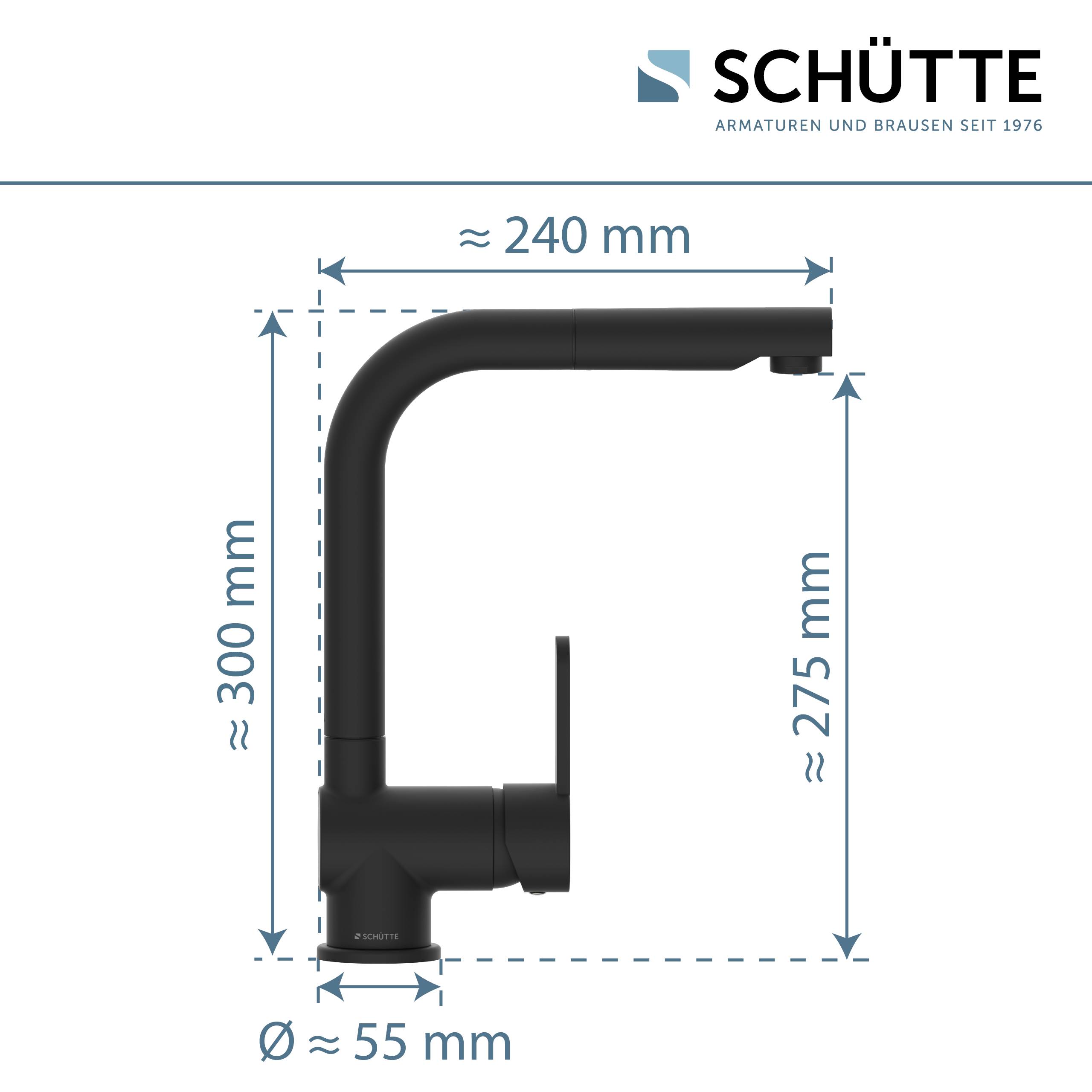 Schütte Schwarze Armatur Abmessungen: Höhe 300mm, Auslauflänge 240mm, Auslaufhöhe 275mm, Basisdurchmesser 55mm.