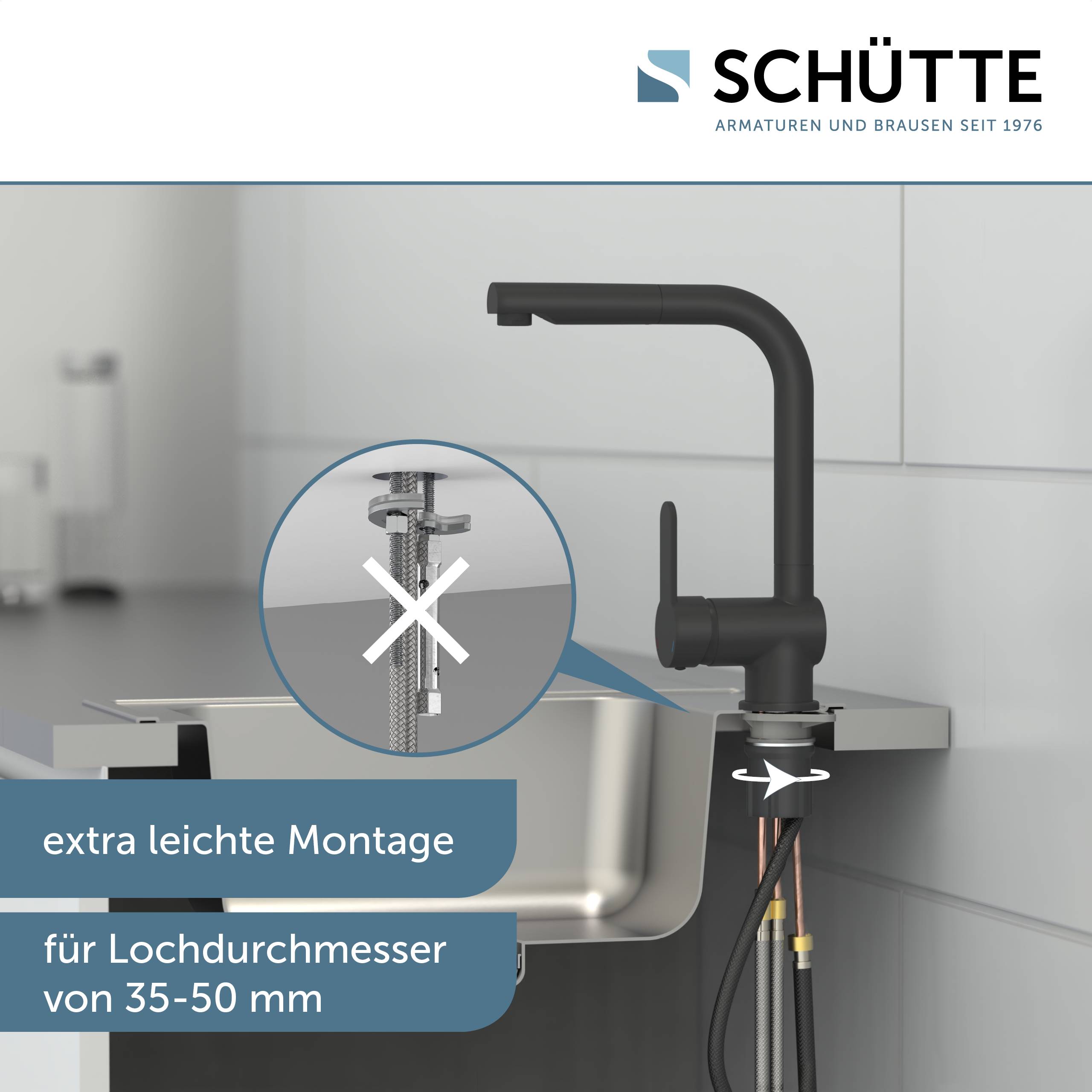 Moderne Küchenarmatur mit schwarzer Oberfläche, die eine einfache Montage für Bohrlöcher von 35-50 mm ermöglicht. Marke: Schütte.