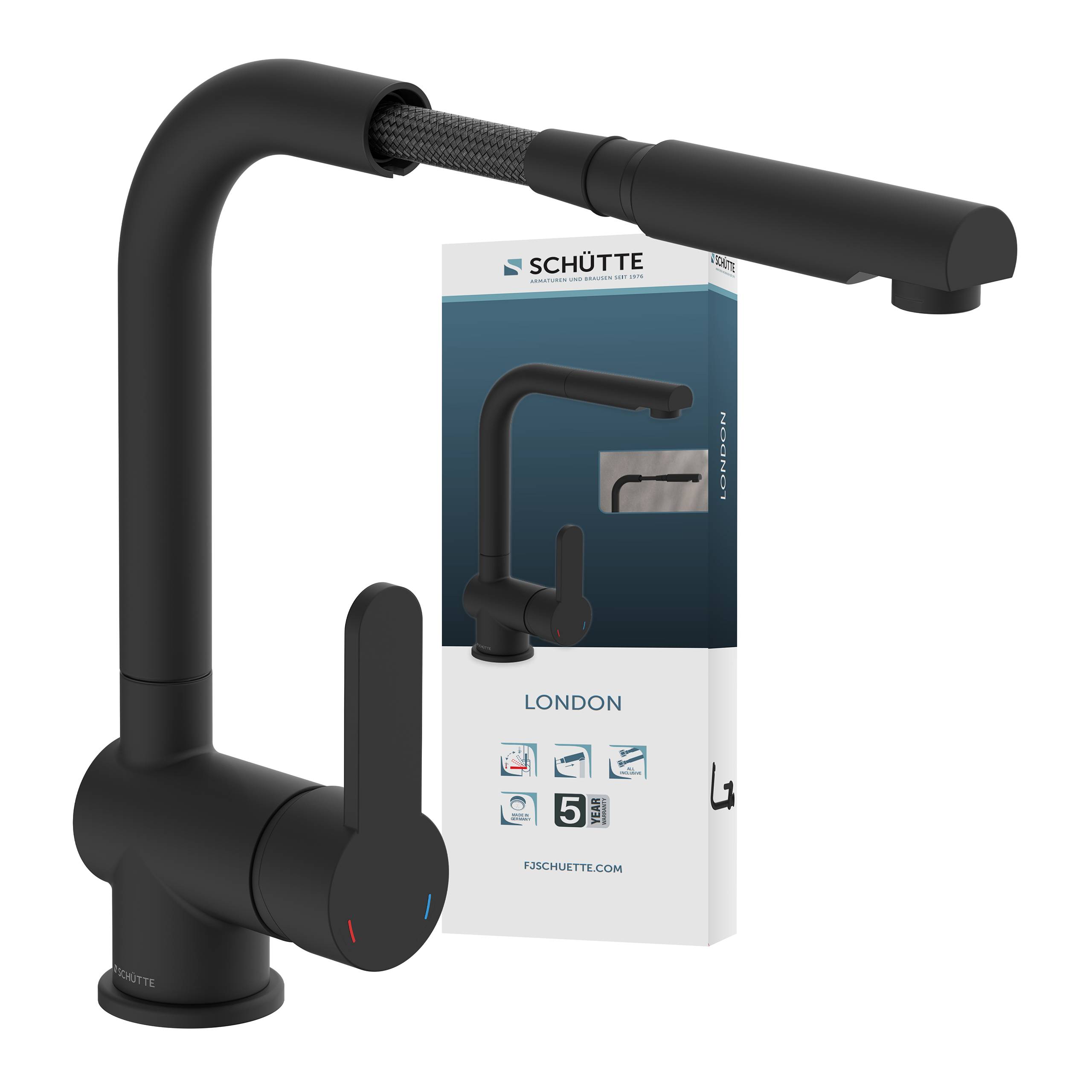 Ein schwarzer Schütte London Küchenarmatur mit ausziehbarem Auslauf wird neben seiner Verpackungsbox gezeigt, auf der das gleiche Armaturendesign abgebildet ist.