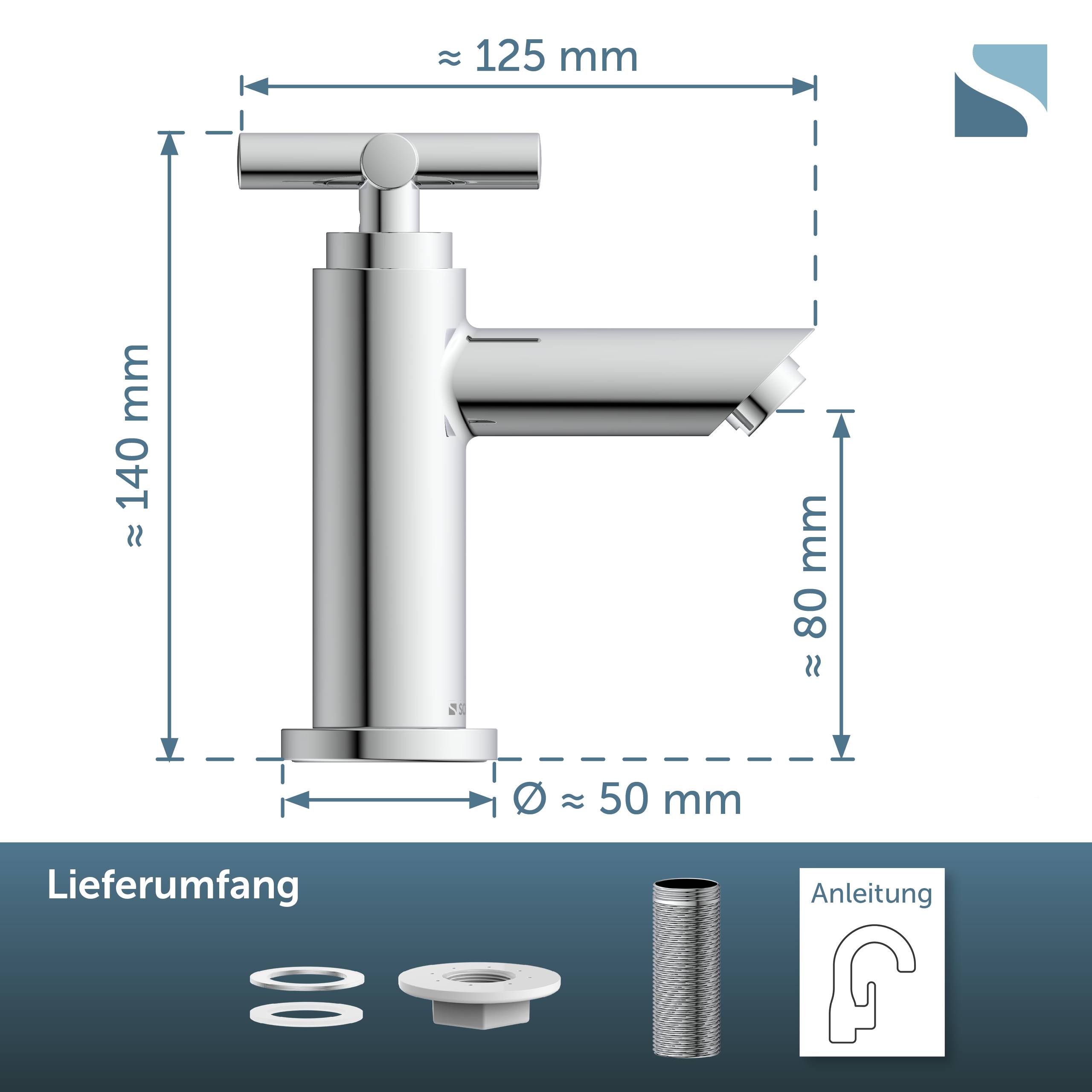 Diagramm eines verchromten Badezimmerwasserhahns mit ungefähren Abmessungen: 140 mm Höhe, 125 mm Breite, 80 mm Auslaufhöhe, 50 mm Basisdurchmesser, mit enthaltenen Teilen und Anleitung.