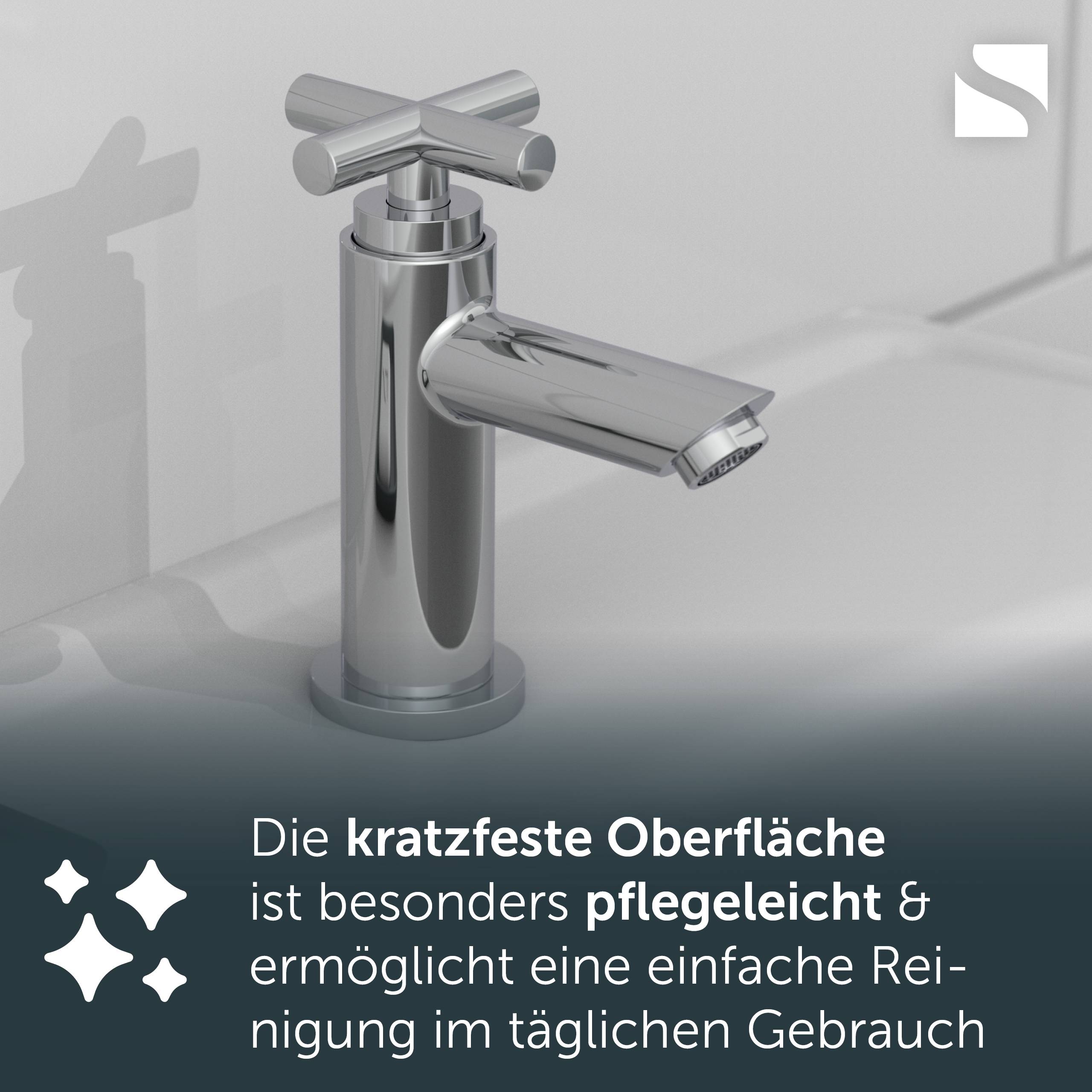 Chrom-Badezimmerhahn mit deutscher Aufschrift, die besagt, dass seine kratzfeste Oberfläche besonders pflegeleicht ist und sich täglich einfach reinigen lässt.