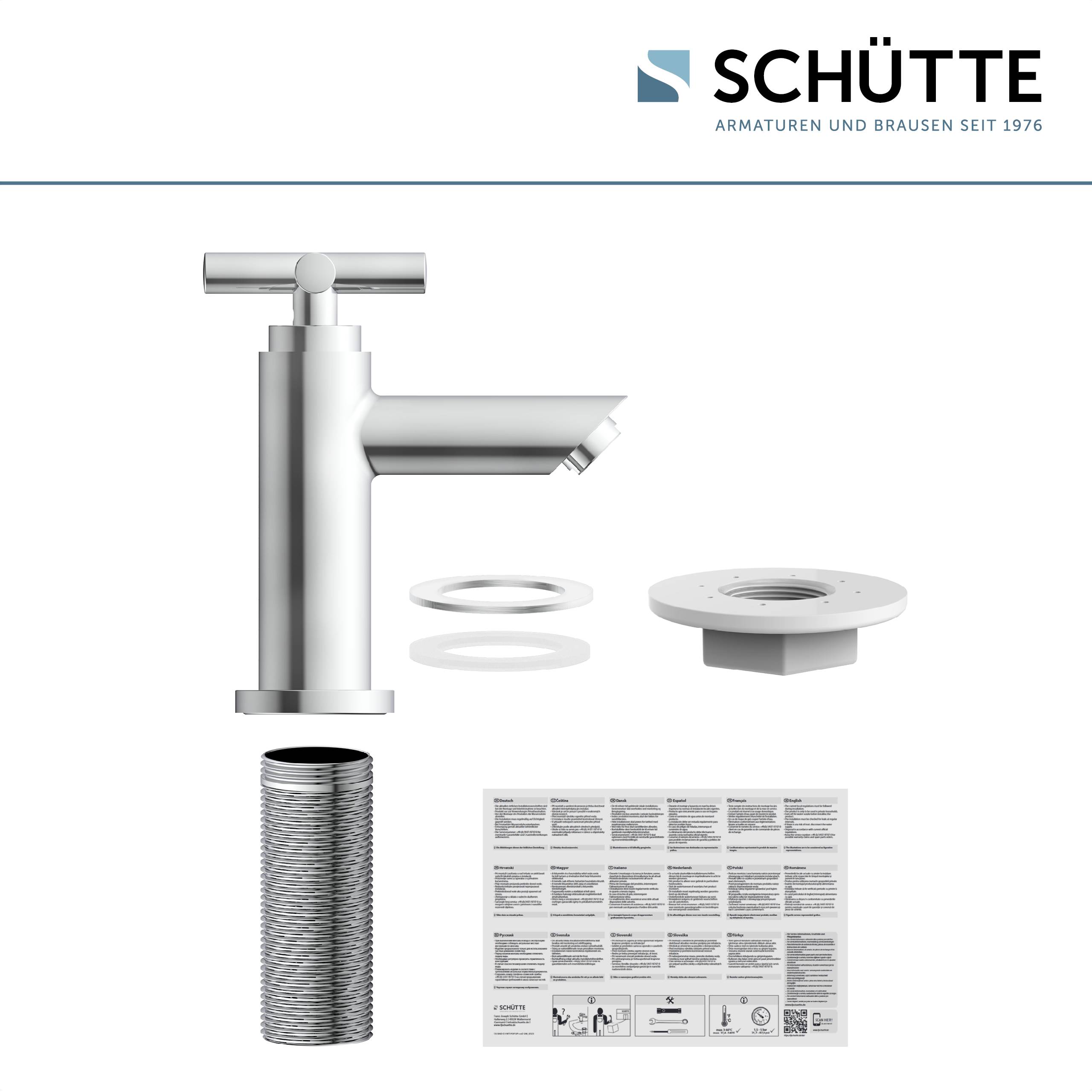 Ein moderner silberner Wasserhahn mit Installationsteilen und Anleitung, die gegen einen weißen Hintergrund angeordnet sind, von einer 1976 gegründeten Marke.