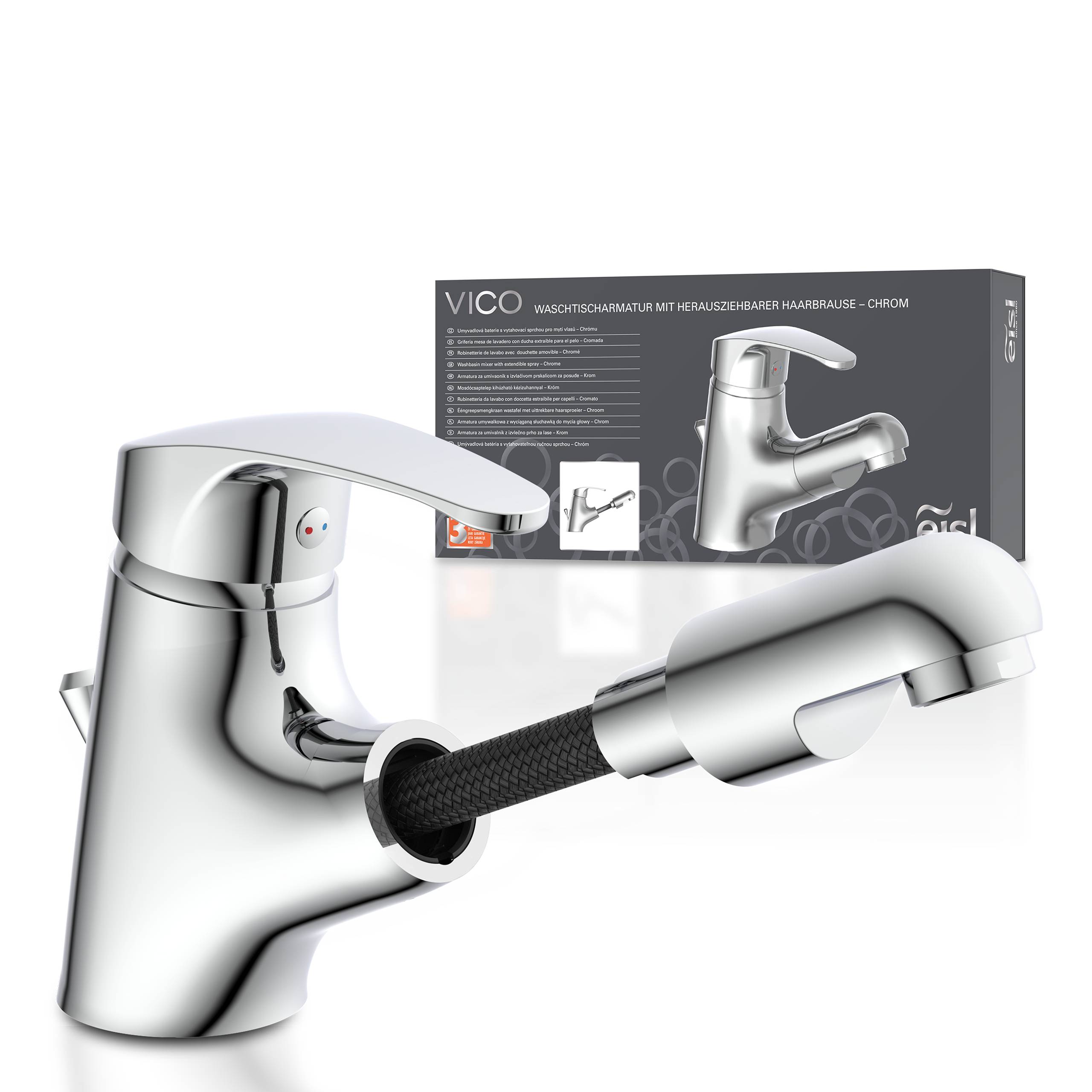 Ein verchromter Küchenarmatur mit ausziehbarem Sprühschlauch ist abgebildet. Die Verpackung im Hintergrund trägt die Aufschrift „Vico