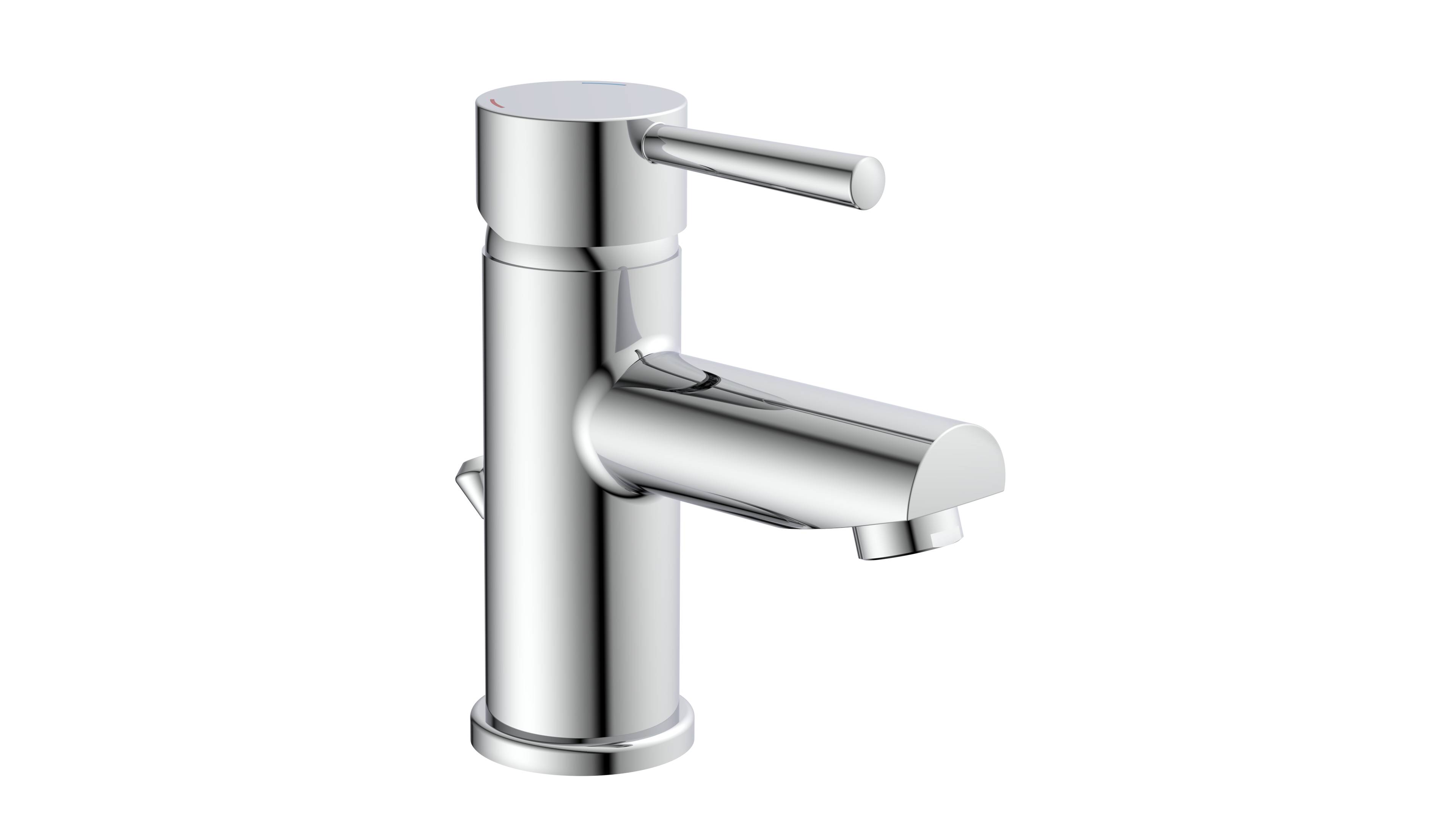 Ein moderner, eleganter Chrom-Wasserhahn mit zylindrischem Design und einem einhebligen Griff, vor einem einfachen schwarzen Hintergrund.