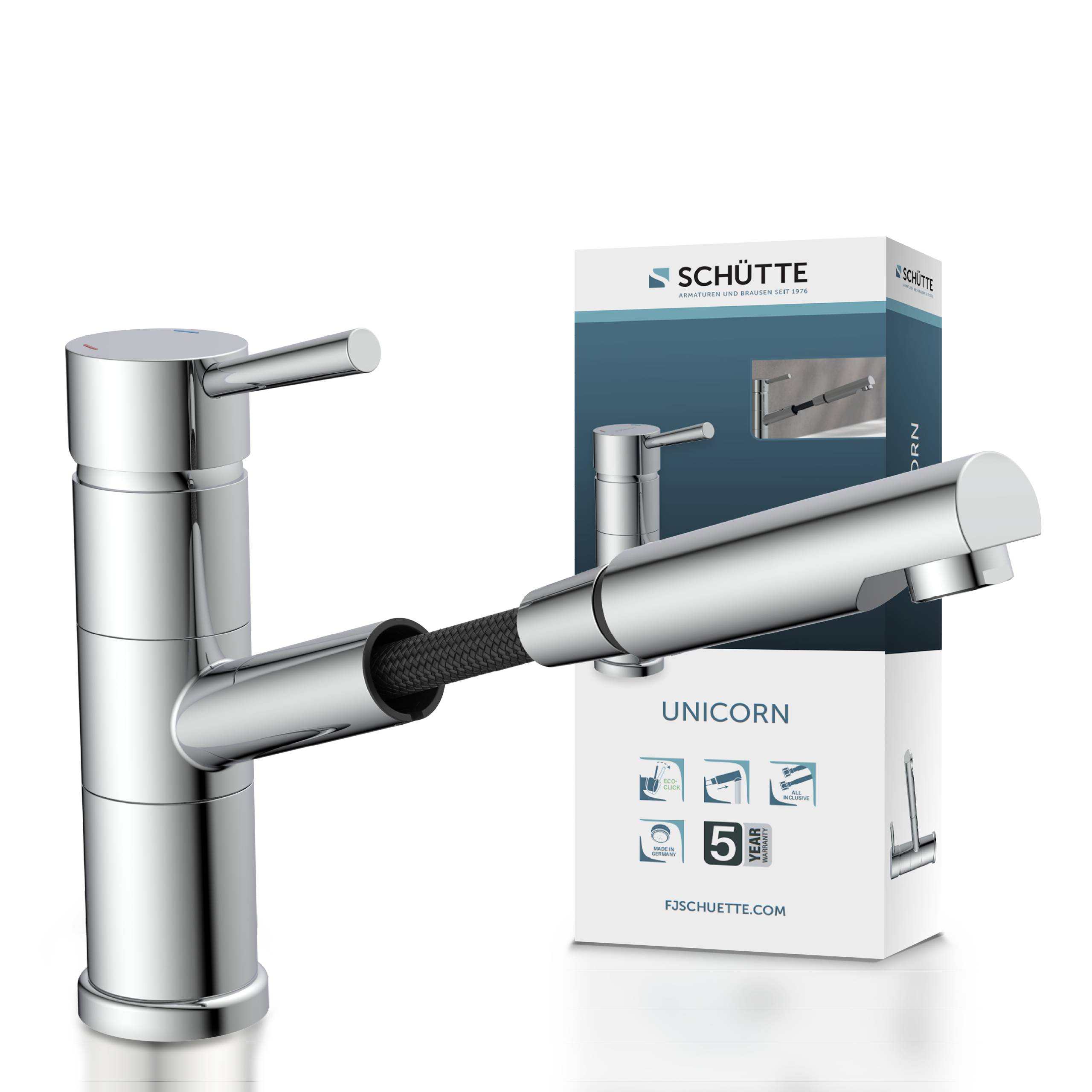 Chrom-Einhebel-Küchenarmatur mit ausziehbarem Sprühkopf abgebildet neben ihrer Schütte 'UNICORN'-Produktverpackung.