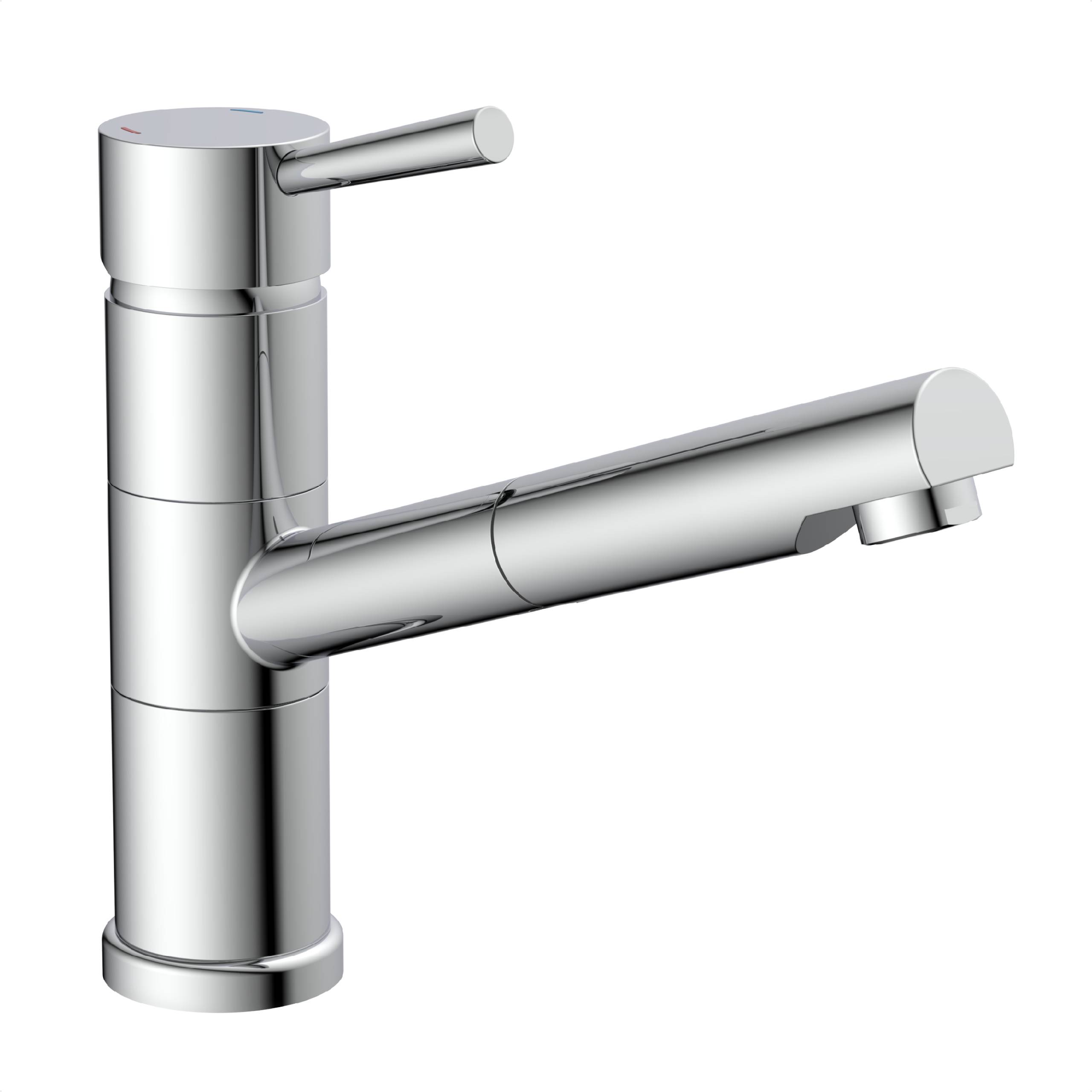 Ein moderner, metallischer Wasserhahn für die Küche mit schlankem, zylindrischem Design und einem einzelnen Hebel zum Einstellen des Wasserflusses und der Temperatur.