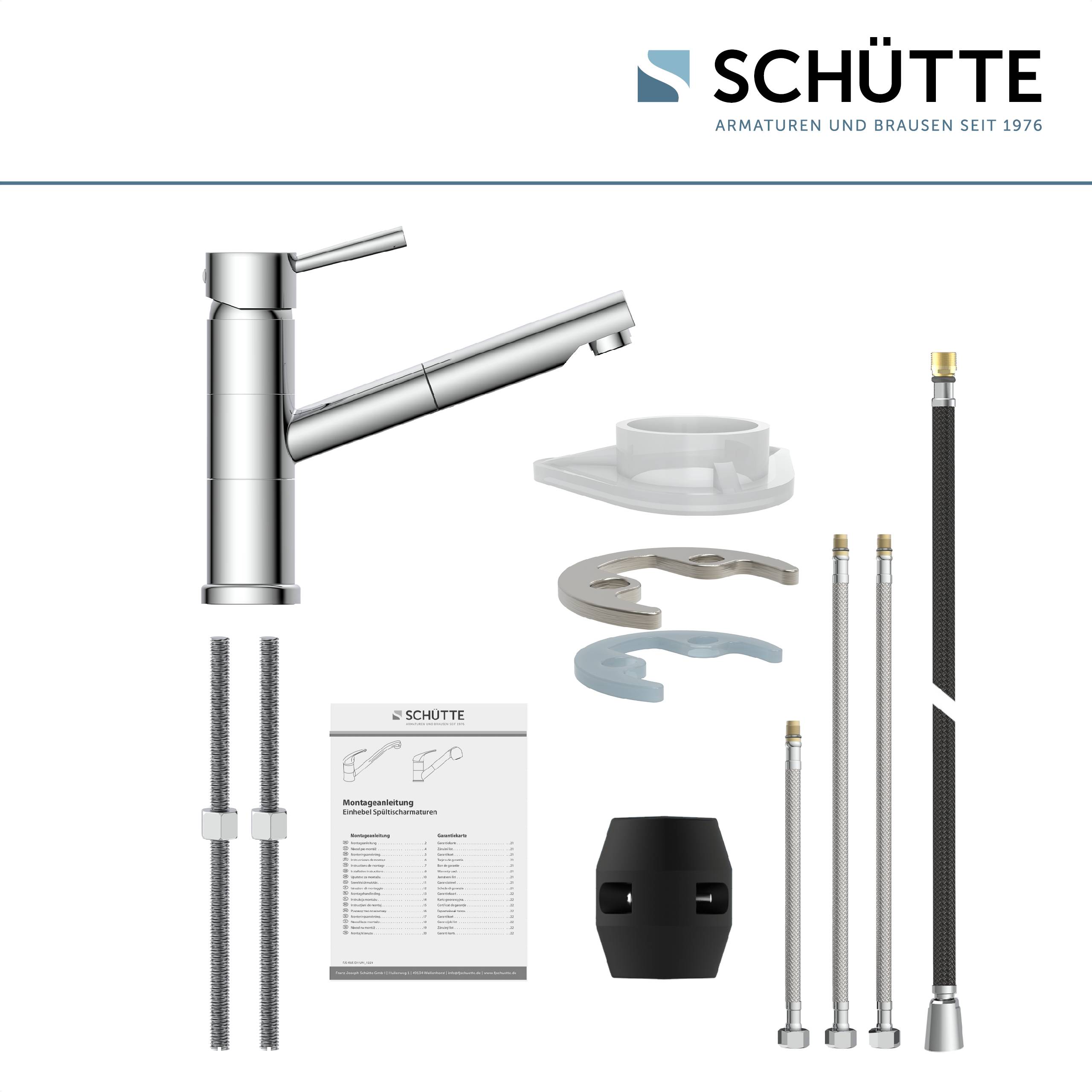 Ein Satz von Komponenten für einen Schütte-Wasserhahn, einschließlich des Wasserhahns selbst, Schläuche, Montagematerial und Anleitung. Markenlogo oben.