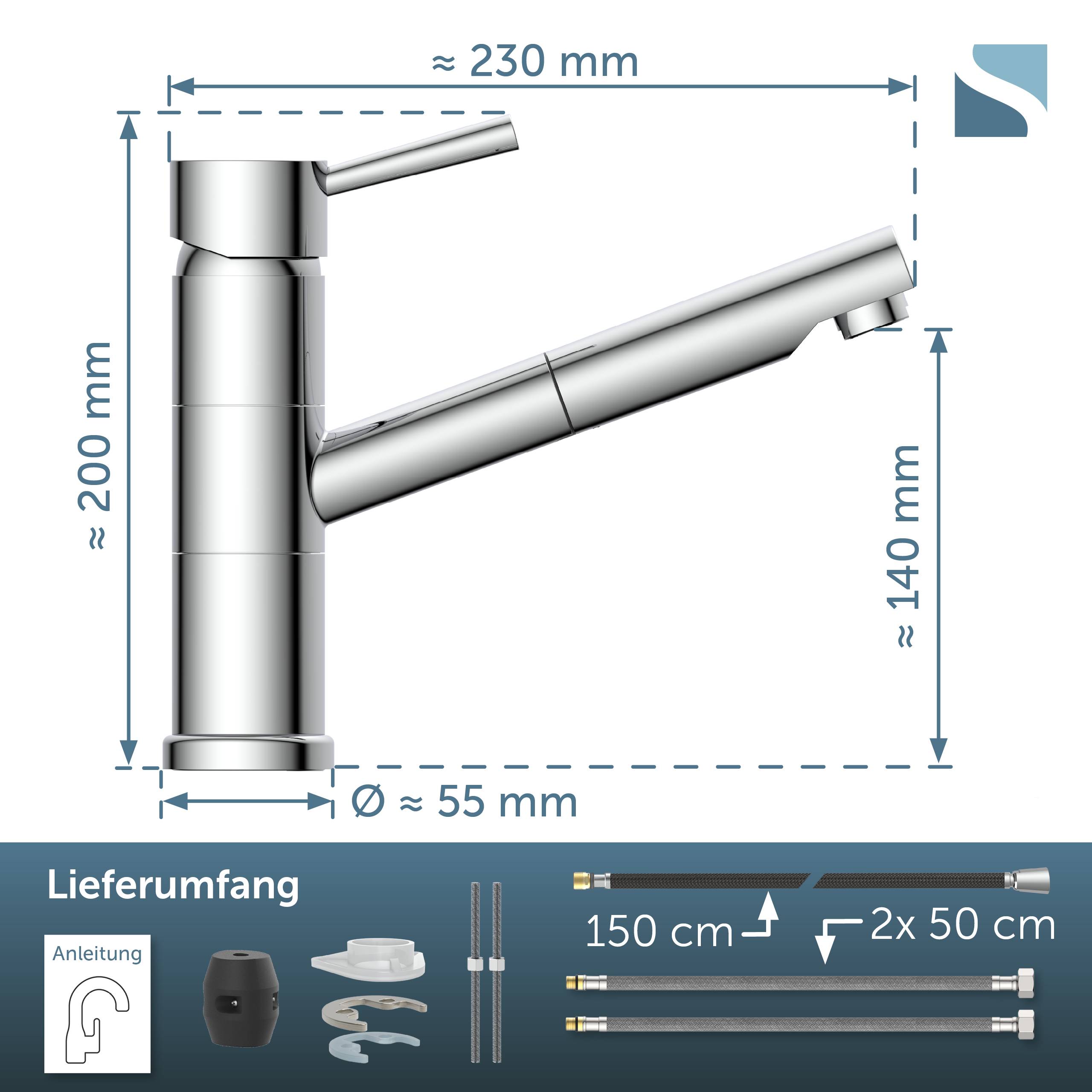 Kommentiertes Produktdiagramm eines Chrom-Küchenarmatur mit ungefähren Abmessungen: 230 mm Breite, 200 mm Höhe, 140 mm Auslaufhöhe, 55 mm Basisdurchmesser, einschließlich mitgelieferter Schläuche und Teile.