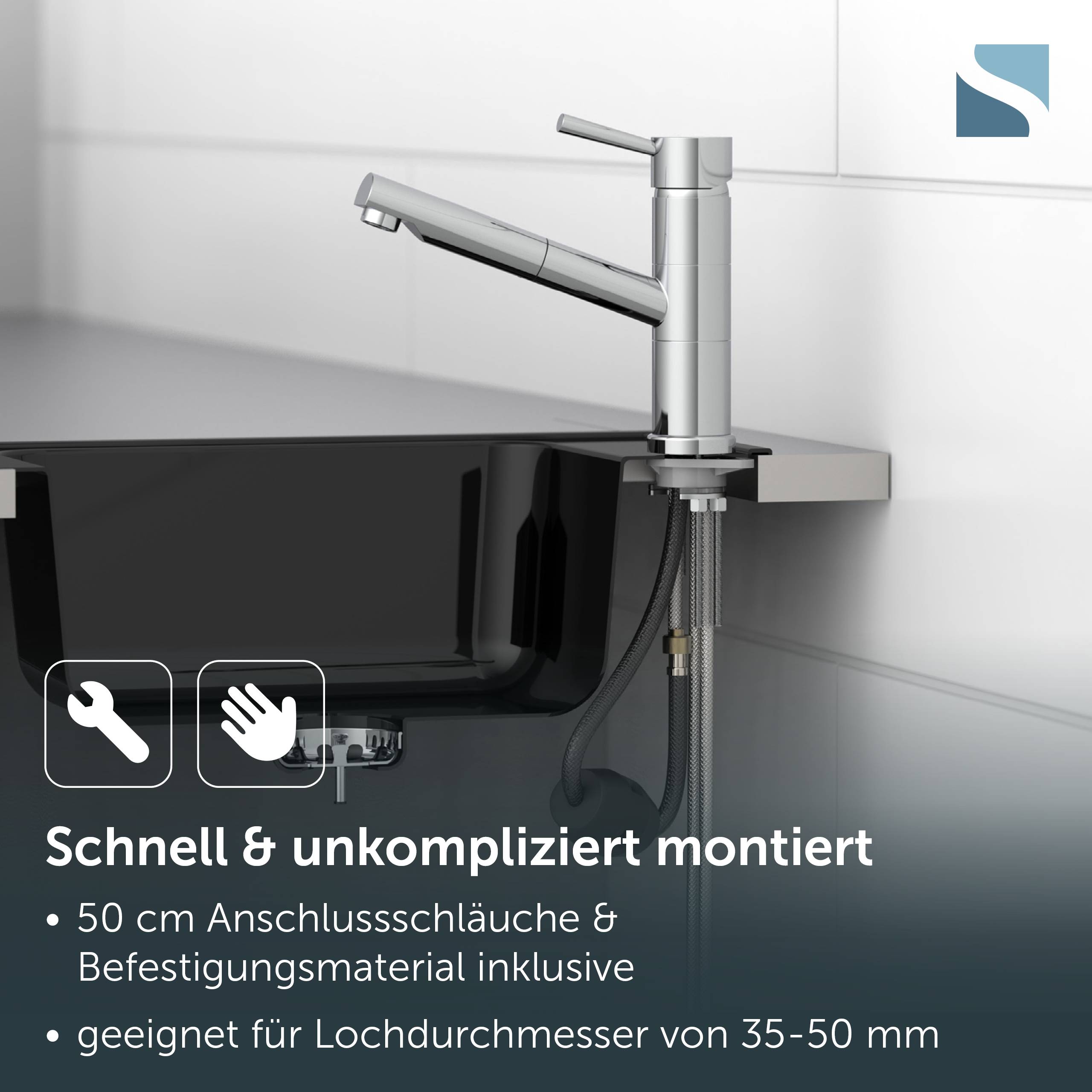 Küchenarmatur montiert durch ein Spülbeckloch, mit deutschem Text, der schnelle und einfache Installation bewirbt und enthält 50 cm Verbindungsschläuche und Montagehardware für 35–50 mm Löcher.