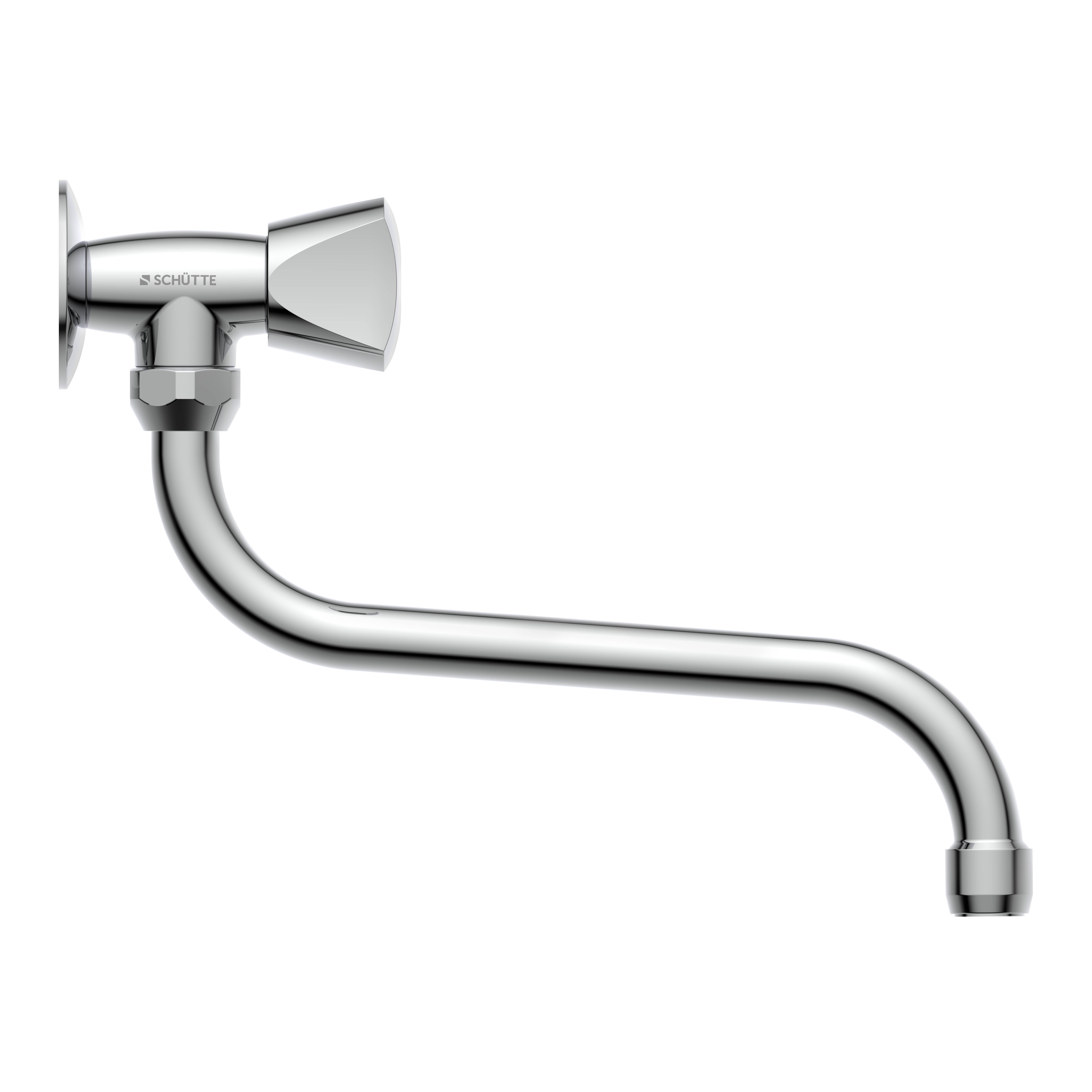 Chrom-L-förmiger Wasserhahnschwengel mit Wandmontage und abgewinkelter Düse auf schwarzem Hintergrund.