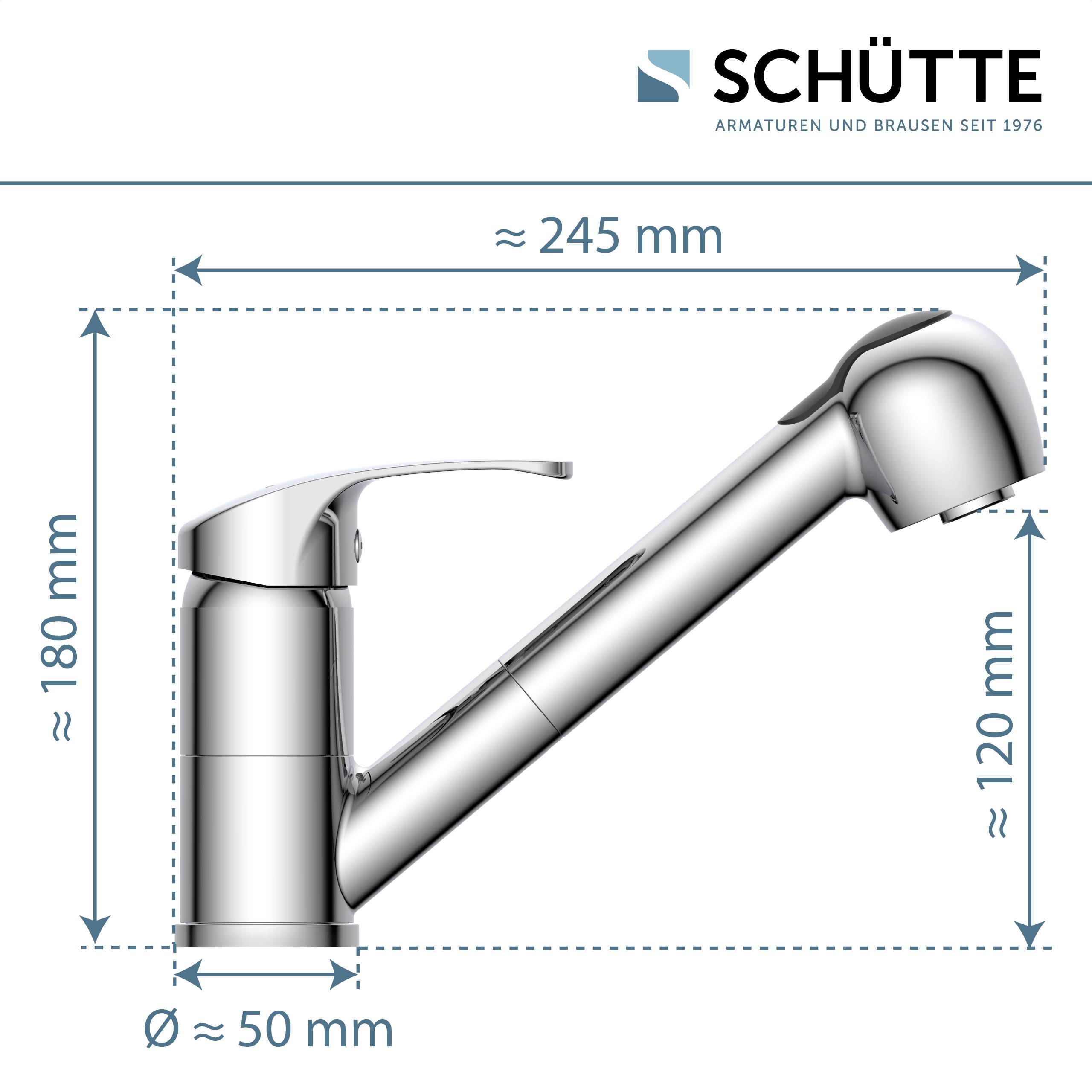 Eine Seitenansicht-Linienzeichnung eines Chrom-Küchenarmaturzapfhahns mit Abmessungen: Höhe 180 mm, Länge 245 mm und Auslaufhöhe 120 mm.