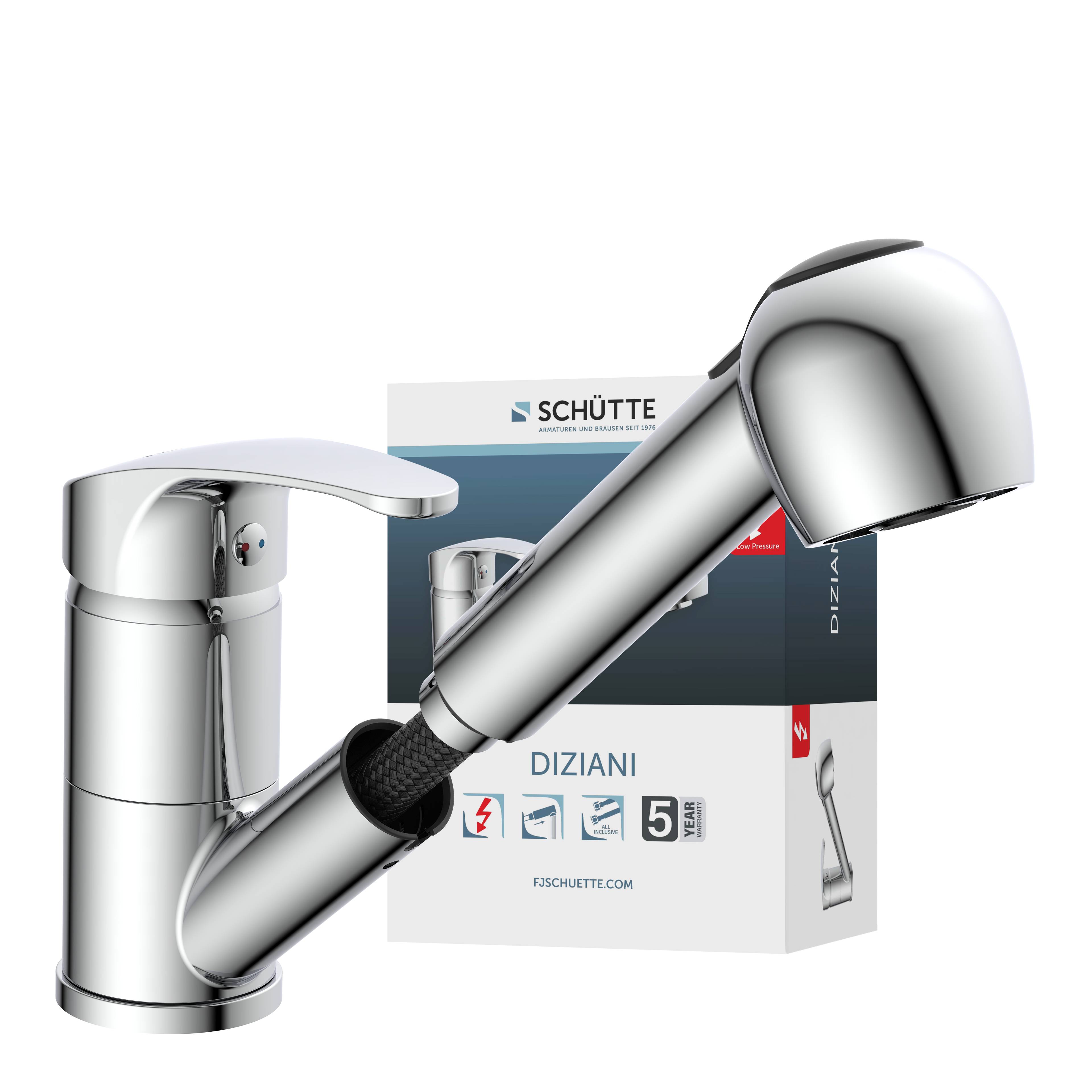 Ein verchromter Küchenarmatur mit ausziehbarem Sprühkopf vor seiner Markenverpackungsbox, die das Label 