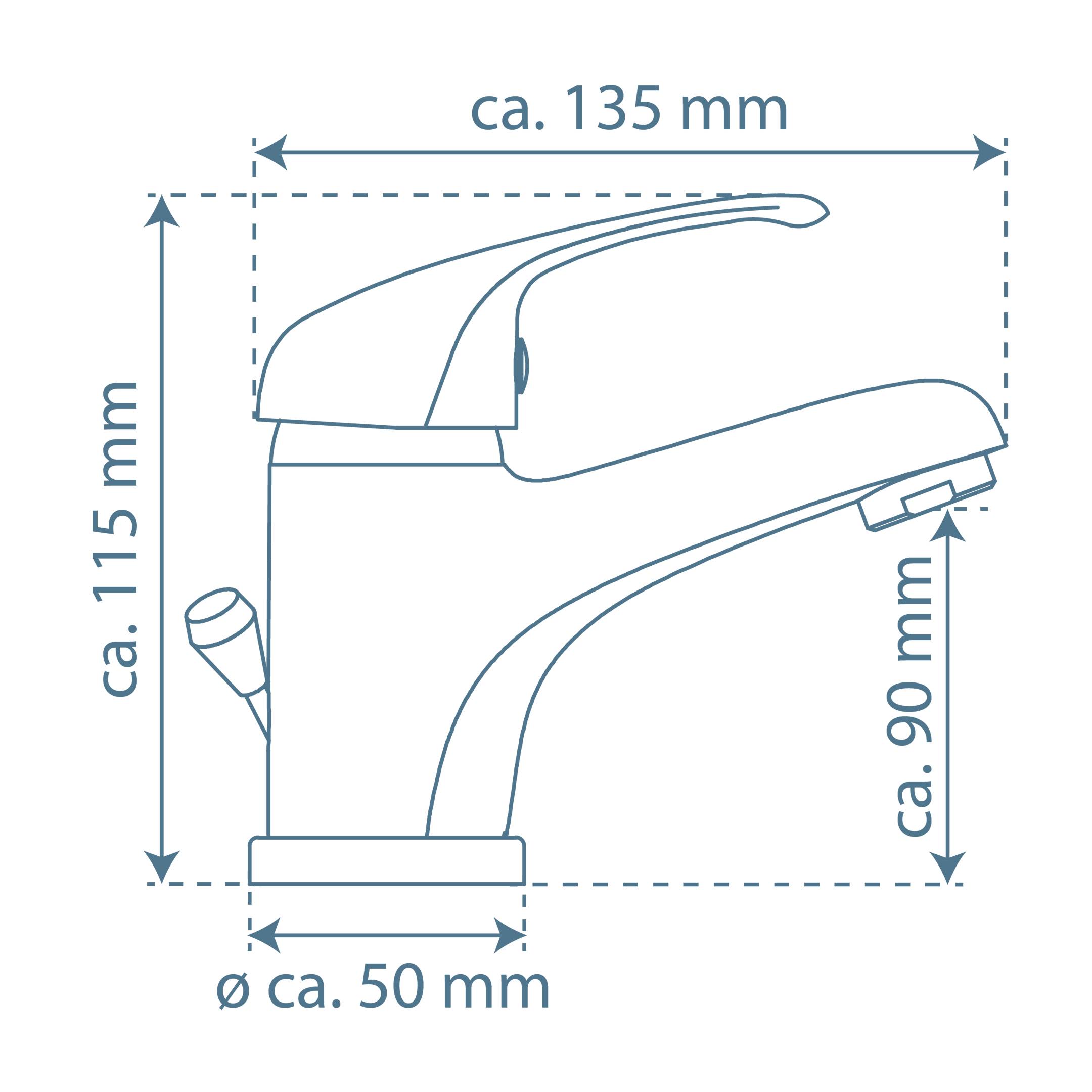 Diagramm eines Wasserhahns mit Abmessungen: Höhe 115 mm, Auslaufhöhe 90 mm, Breite 135 mm und Basisdurchmesser 50 mm.
