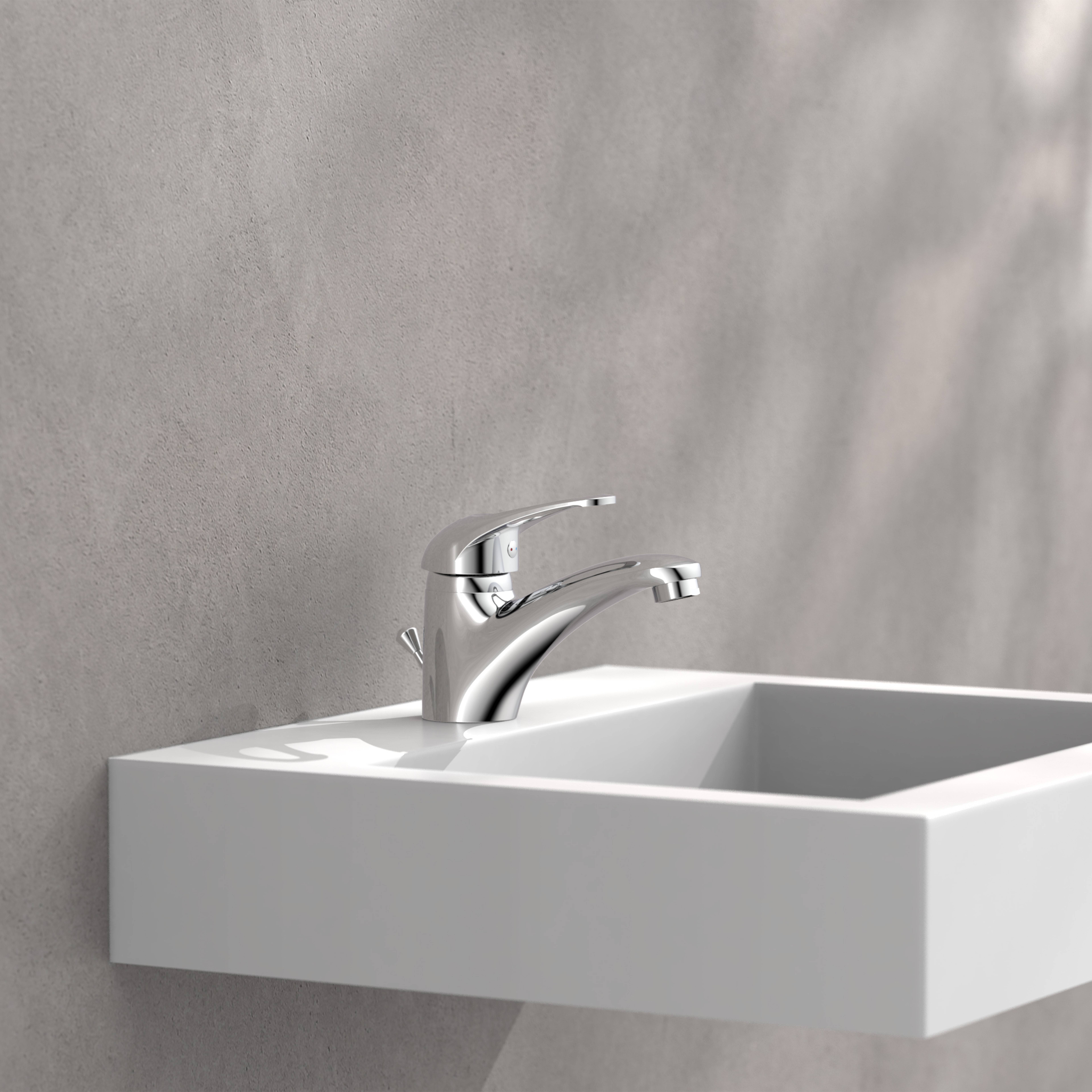 Ein modernes Badezimmerbecken mit einem eleganten Chromwasserhahn auf einer hellgrauen Wand montiert. Das Waschbecken ist quadratisch und hat minimalistische Designelemente.