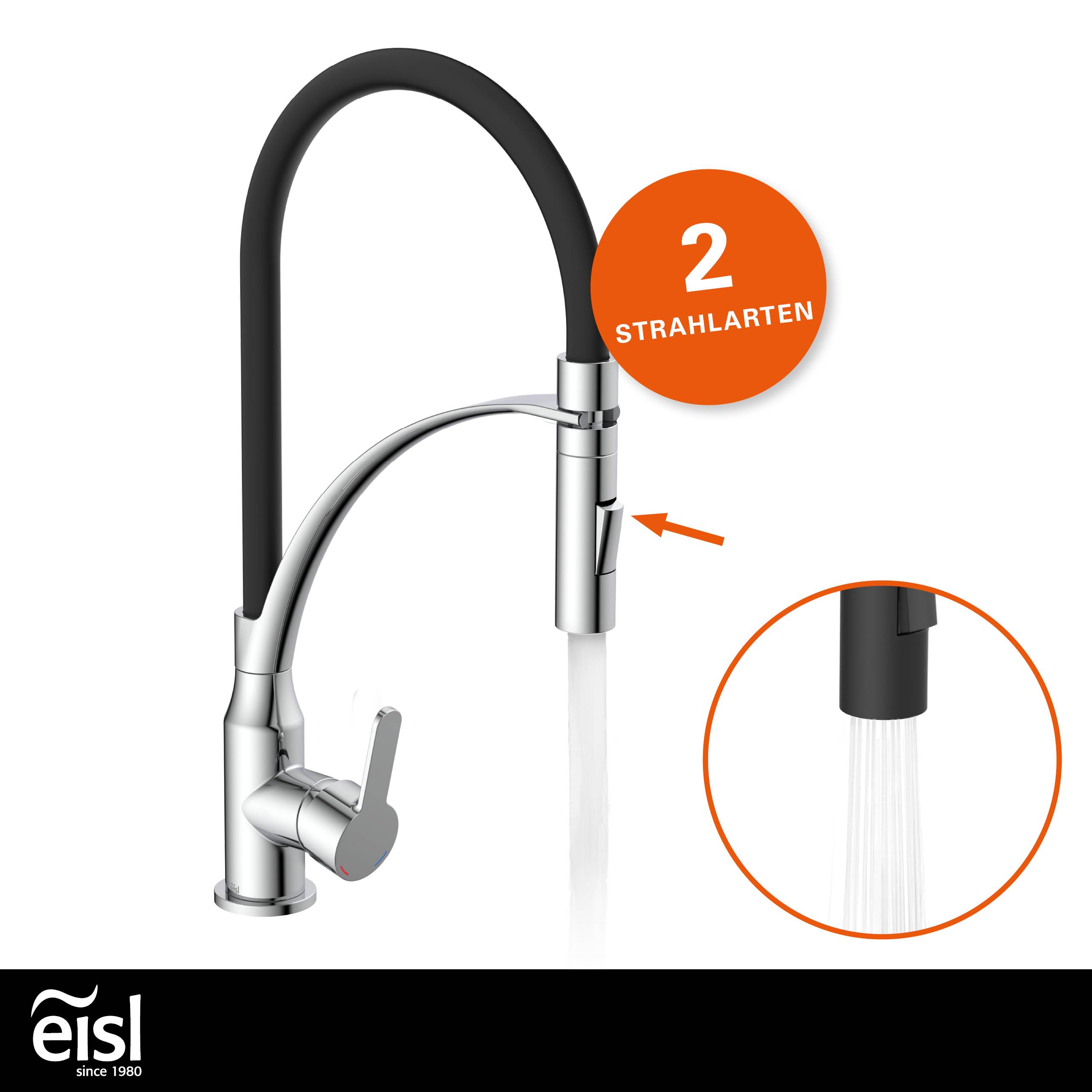 Eine elegante, moderne Küchenarmatur mit schwarz-chrom-Oberfläche. Text zeigt: „2 STRAHLARTEN