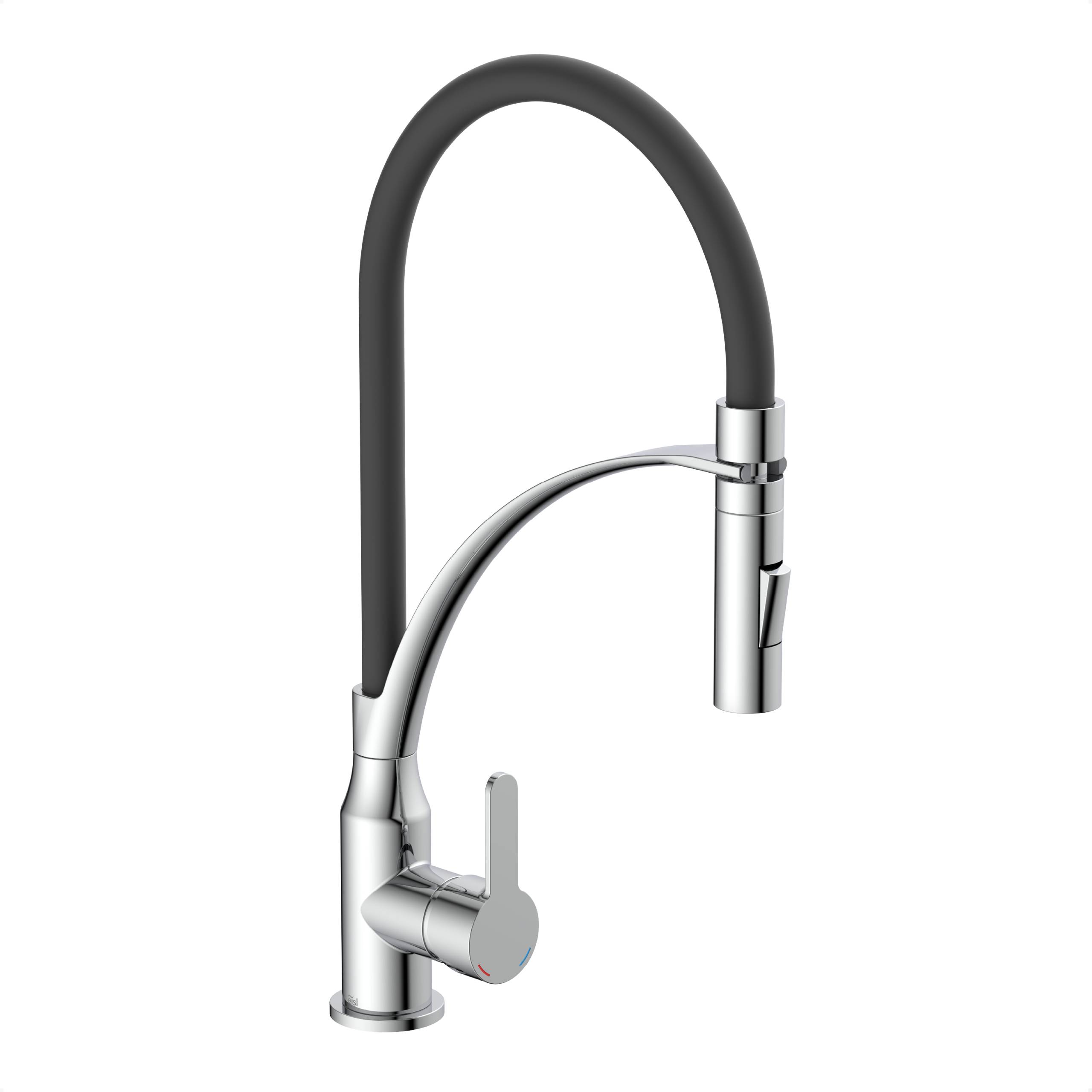 Ein schlanker, moderner Küchenarmatur mit hohem Bogen und einem Einhebelgriff, der eine Kombination aus Chrom- und dunkelgrauen Oberflächen aufweist.