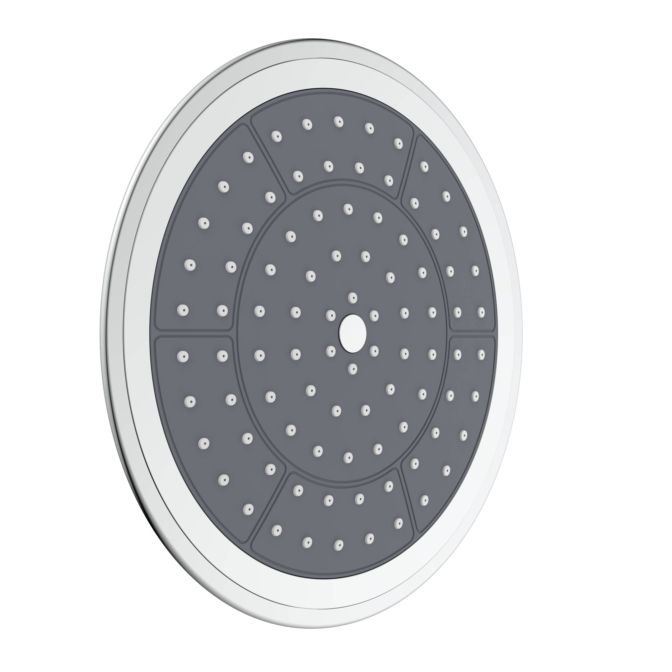 Runder grauer Duschkopf oder Sprinklerpanel mit vielen kleinen Düsen, die in konzentrischen Abschnitten angeordnet sind.