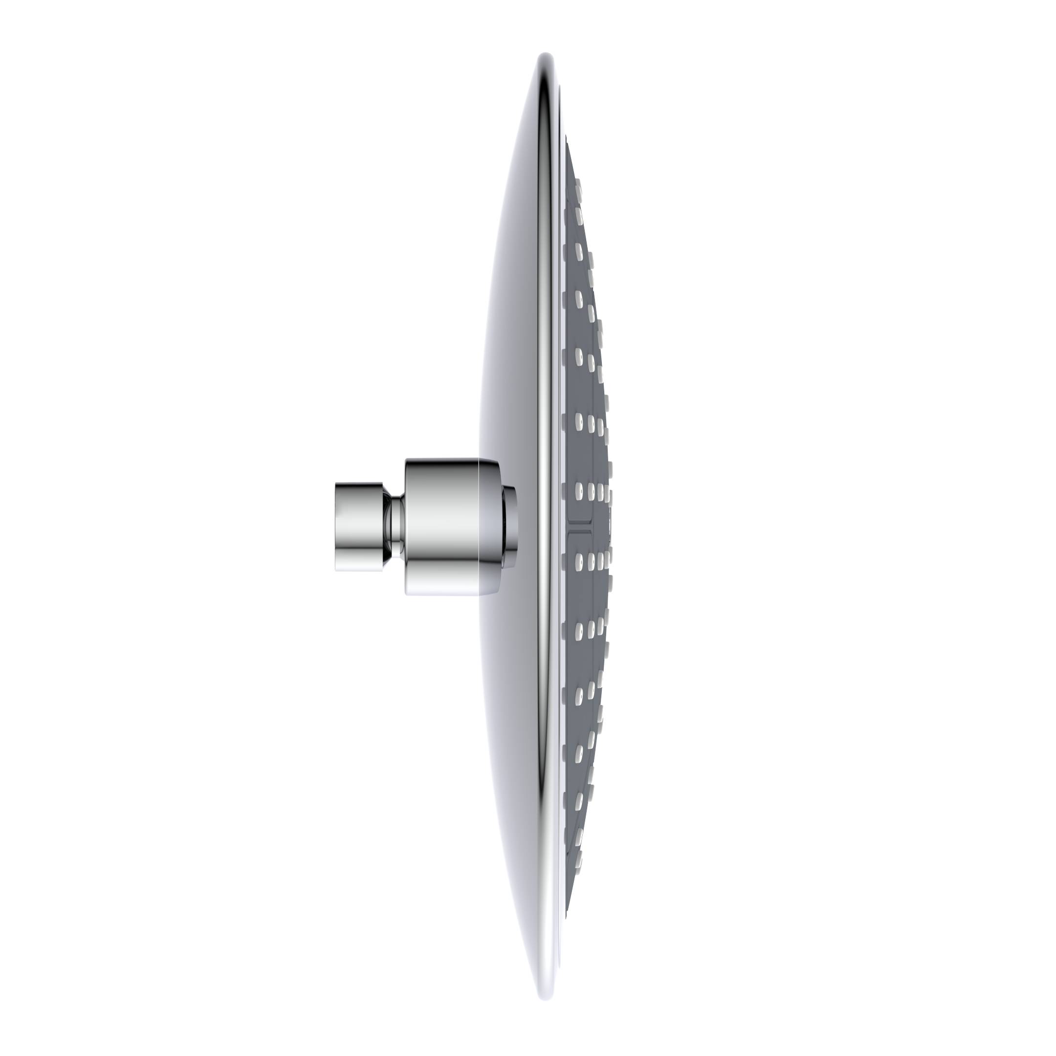 Seitenansicht eines kreisförmigen Duschkopfes mit zahlreichen kleinen Düsen vor schwarzem Hintergrund. Der Duschkopf ist metallisch und elegant.