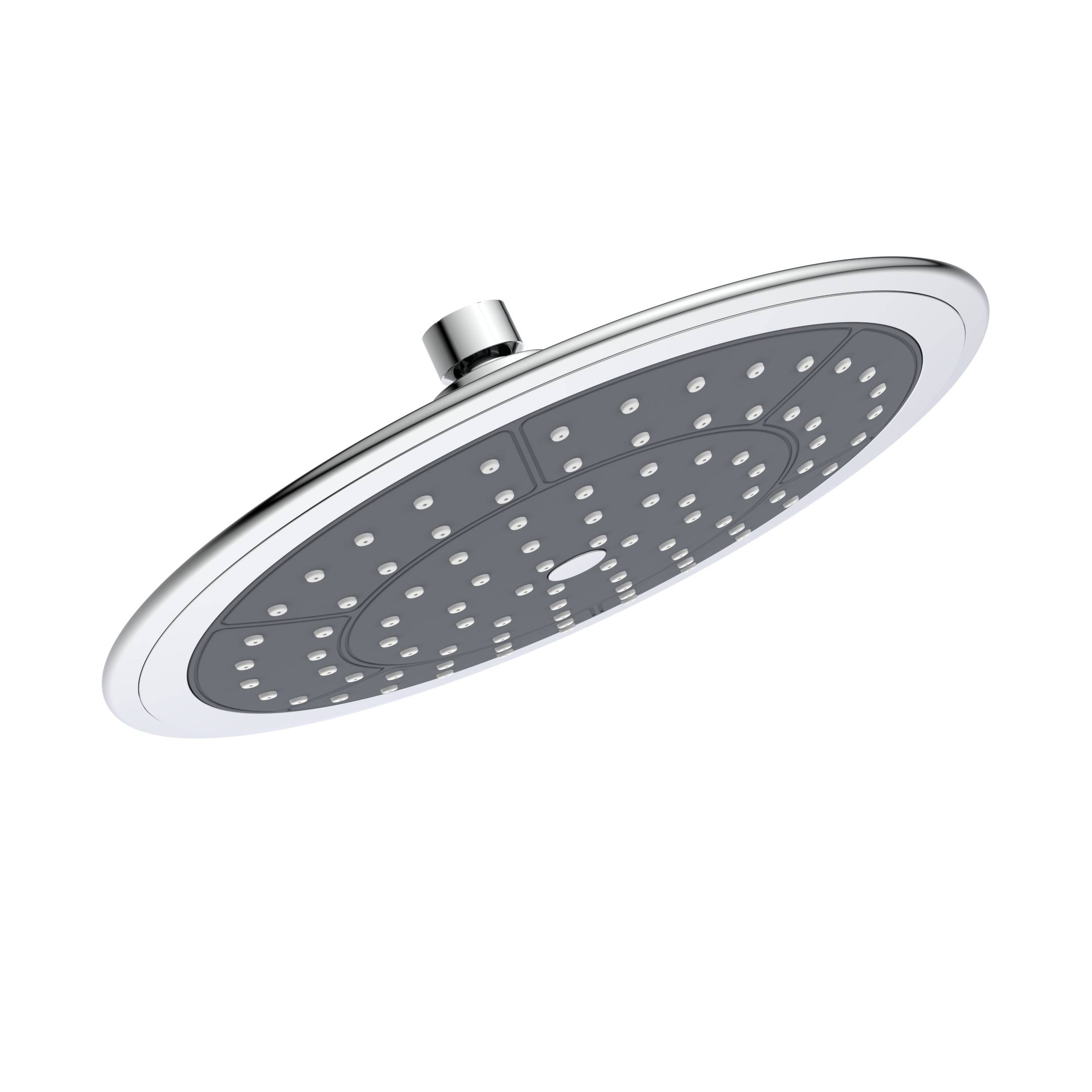 Ein eleganter, kreisförmiger silberner Duschkopf mit mehreren kleinen Düsen vor schwarzem Hintergrund, der ein modernes Design präsentiert.