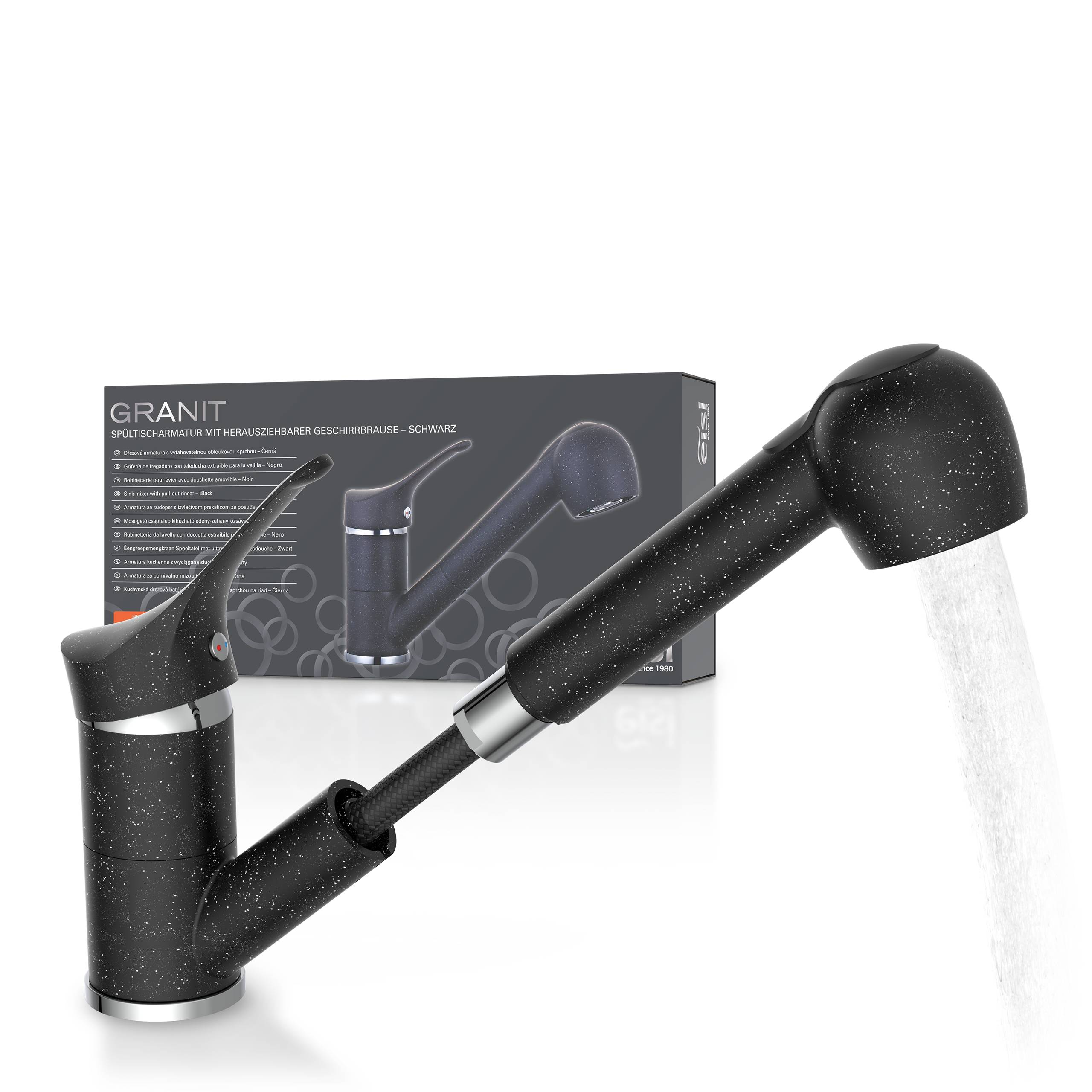 GRANIT Spültischarmatur, Granit Schwarz/Chrom, mit herausziehbarer Geschirrbrause