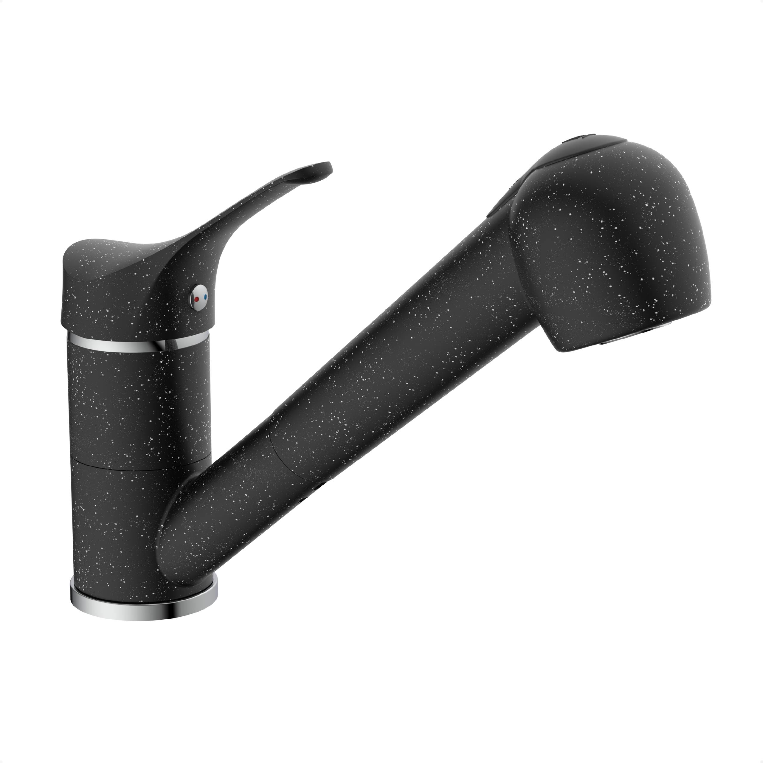 Ein schlanker schwarzer Küchenhahn mit ausziehbarem Auslauf, der ein gesprenkelte Design auf schwarzem Hintergrund aufweist.