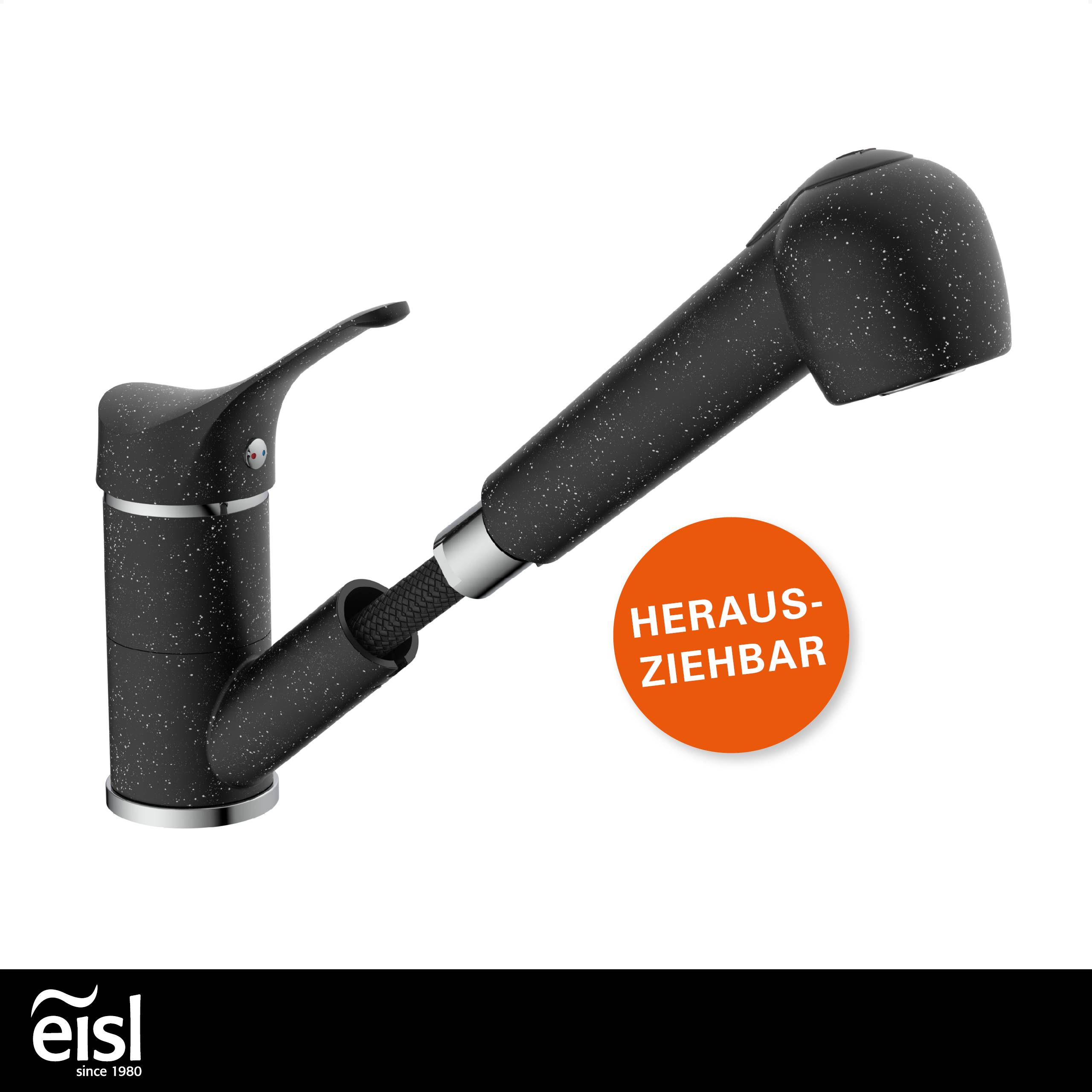 Eine schwarze Handheld-Küchenarmatur mit einer ausziehbaren Brause, mit der Bezeichnung 'HERAUS-ZIEHBAR'. Eisl-Markenlogo in der linken unteren Ecke.