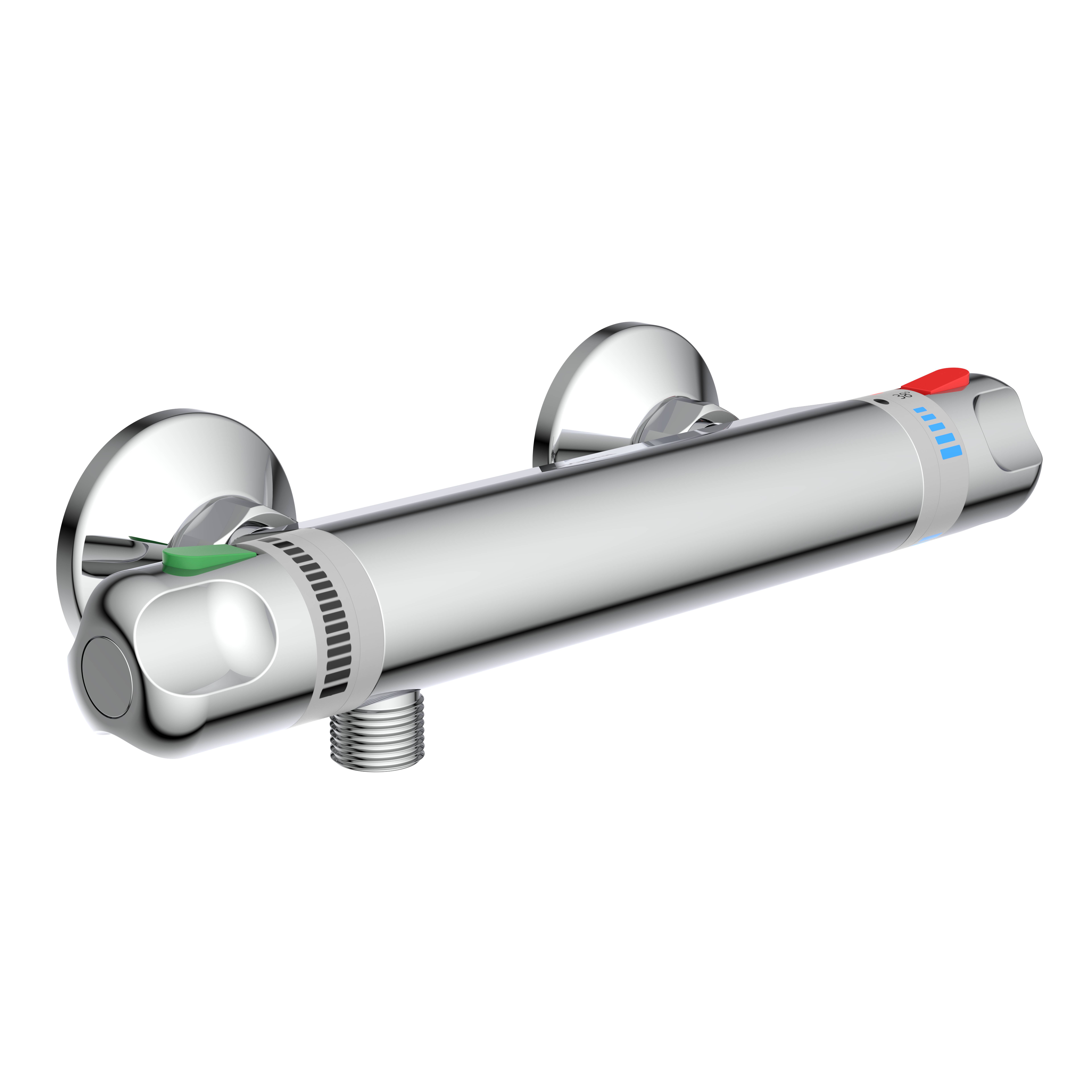 Verchromtes thermostatisches Duschmischerventil mit Wandhalterungen, Heißwasser-/Kaltwasser-Anzeigeenkeln und Rohranschluss unten auf schwarzem Hintergrund