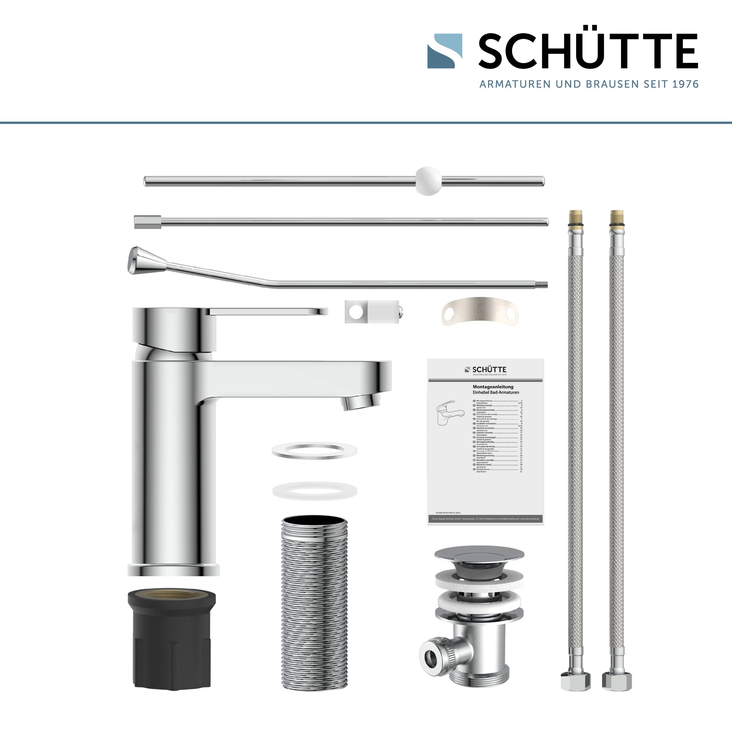 Wasserhahn-Set der Marke 'Schütte' mit Installationsteilen, Bedienungsanleitung und flexiblen Schläuchen, das die Komponenten zur Montage präsentiert.