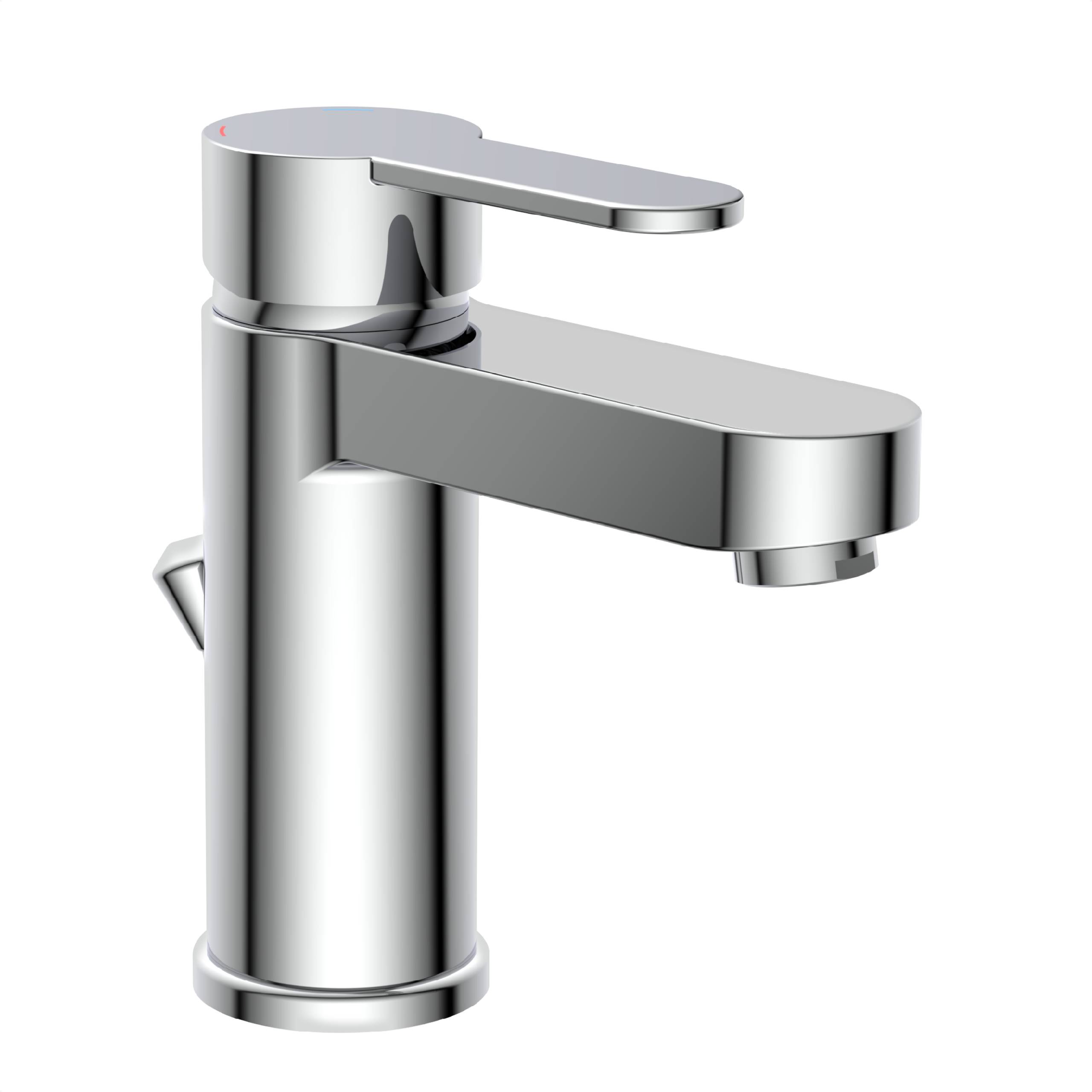 Ein schlanker, moderner Chrom-Badezimmerhahn mit einem einzigen Hebel, entwickelt für effiziente Wasserkontrolle.