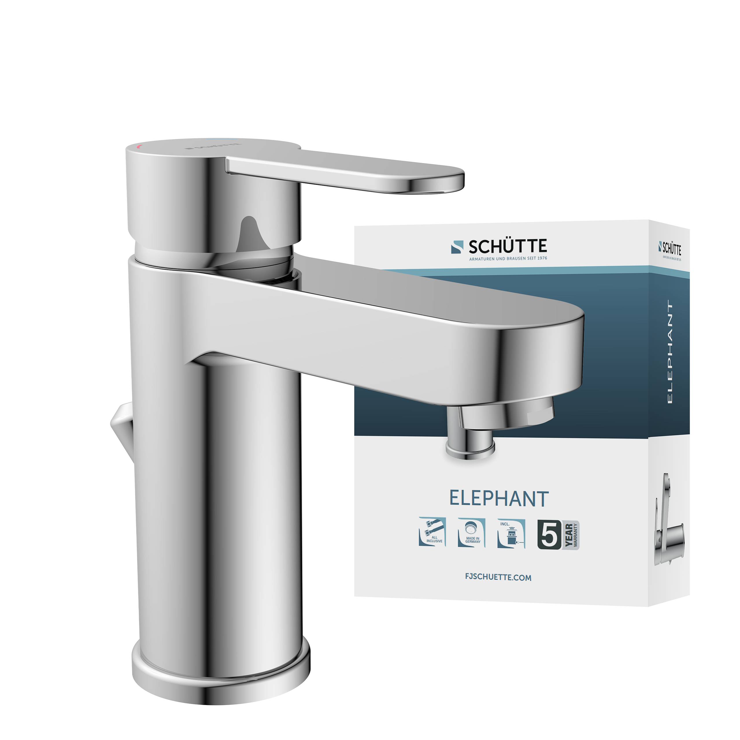 Ein moderner Chrom-Badezimmer-Wasserhahn mit einem einzigen Hebel wird neben seiner Verpackungsbox mit der Aufschrift 'SCHÜTTE Elephant' gezeigt.