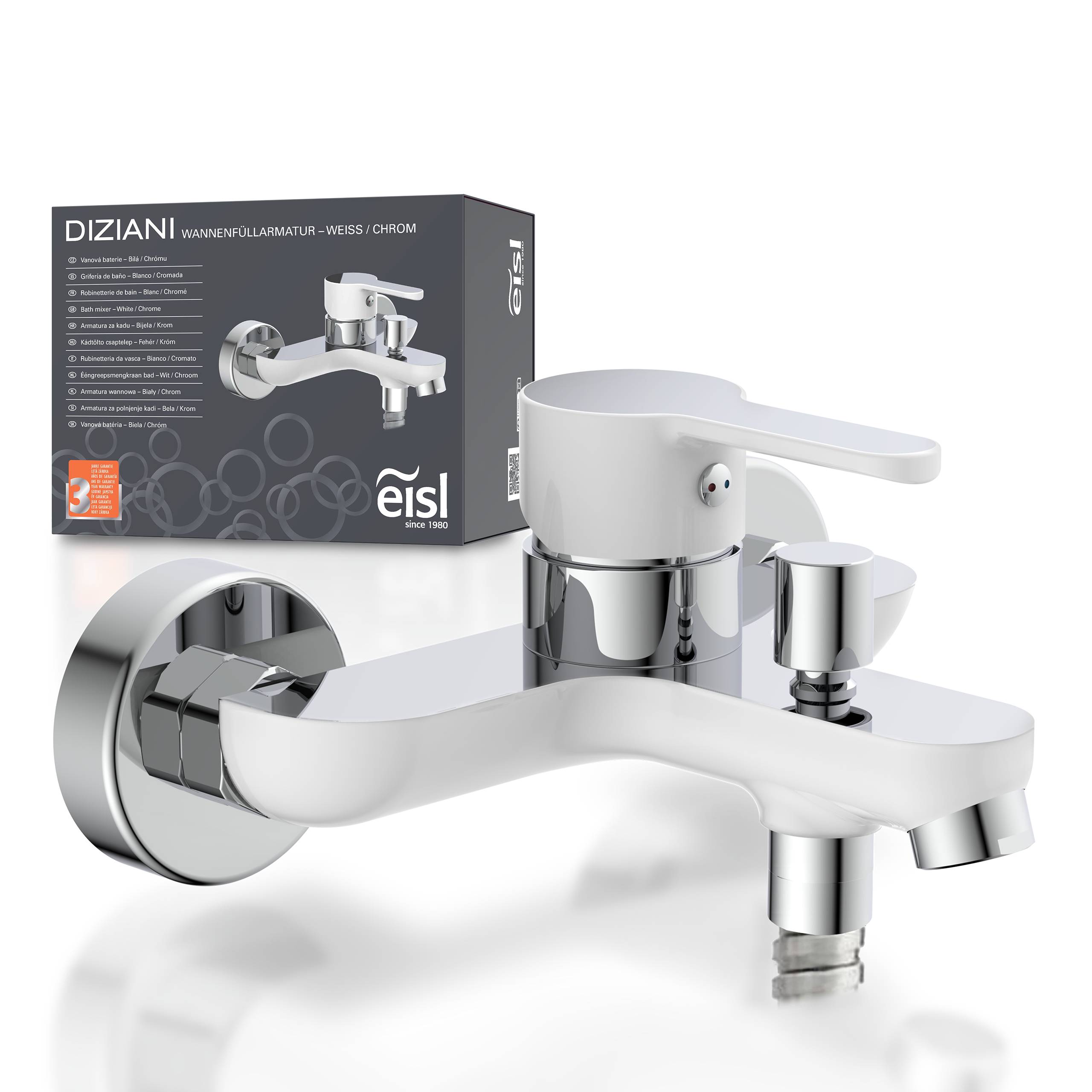 Chrom-Wandbad-Mischbatterie mit schlankem Design. Die Produktverpackung zeigt die Markennamen „Dizian