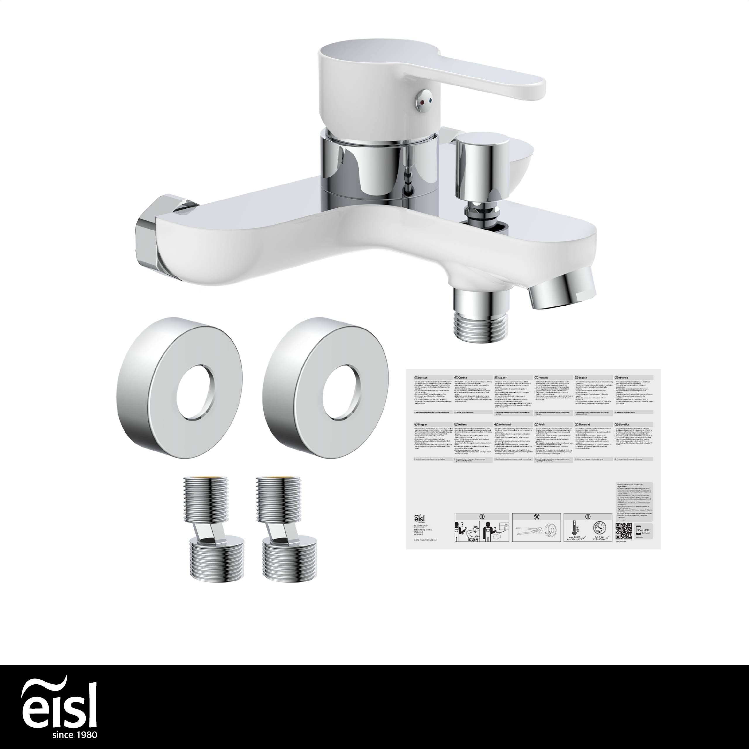 Eine Chrom-Badewannenarmatur mit einem einzelnen Hebel, zwei runden Abdeckungen, Verbindungsstücken und einer Bedienungsanleitung wird präsentiert.