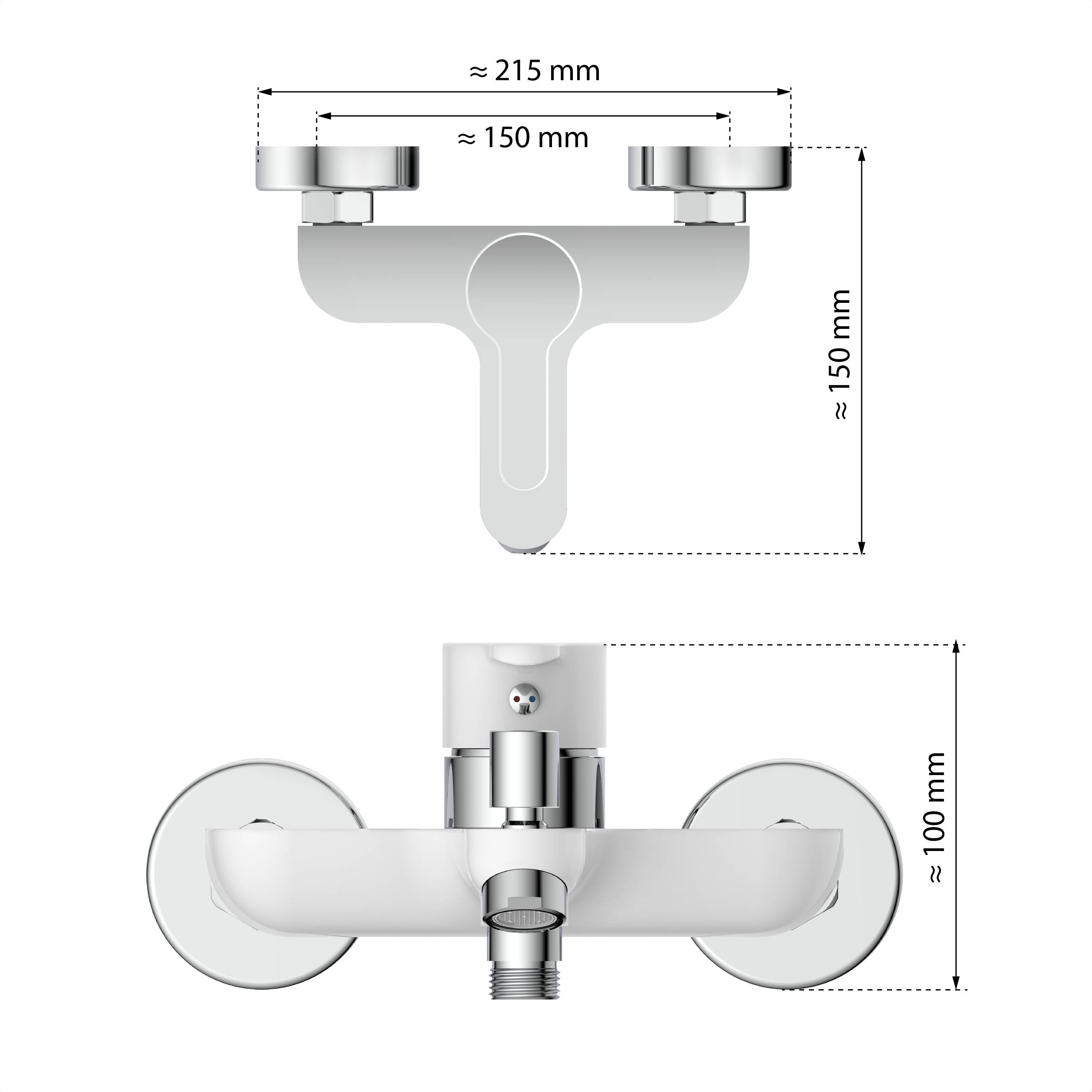 Ansicht von oben und von vorne einer Armatur mit Maßangaben. Ansicht von oben: Breite 215 mm zwischen den Griffen, Körperbreite 150 mm. Ansicht von vorne: Höhe 150 mm, Griffbreite 100 mm.