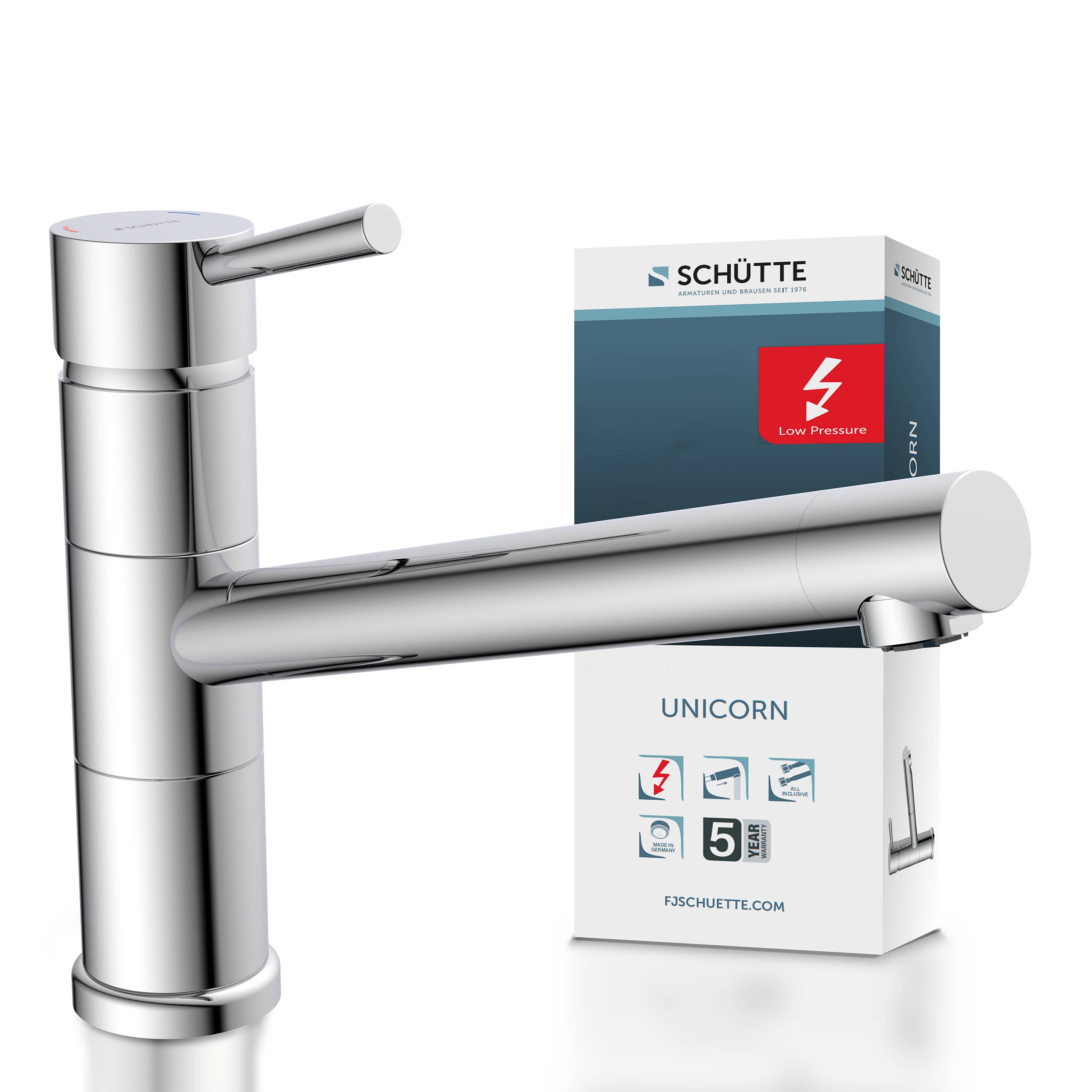 Ein moderner Wasserhahn aus Chrom für die Küche mit einstellbarem Auslauf, positioniert vor seiner Verpackungsbox, die den Markennamen und 'Niederdruck' anzeigt.