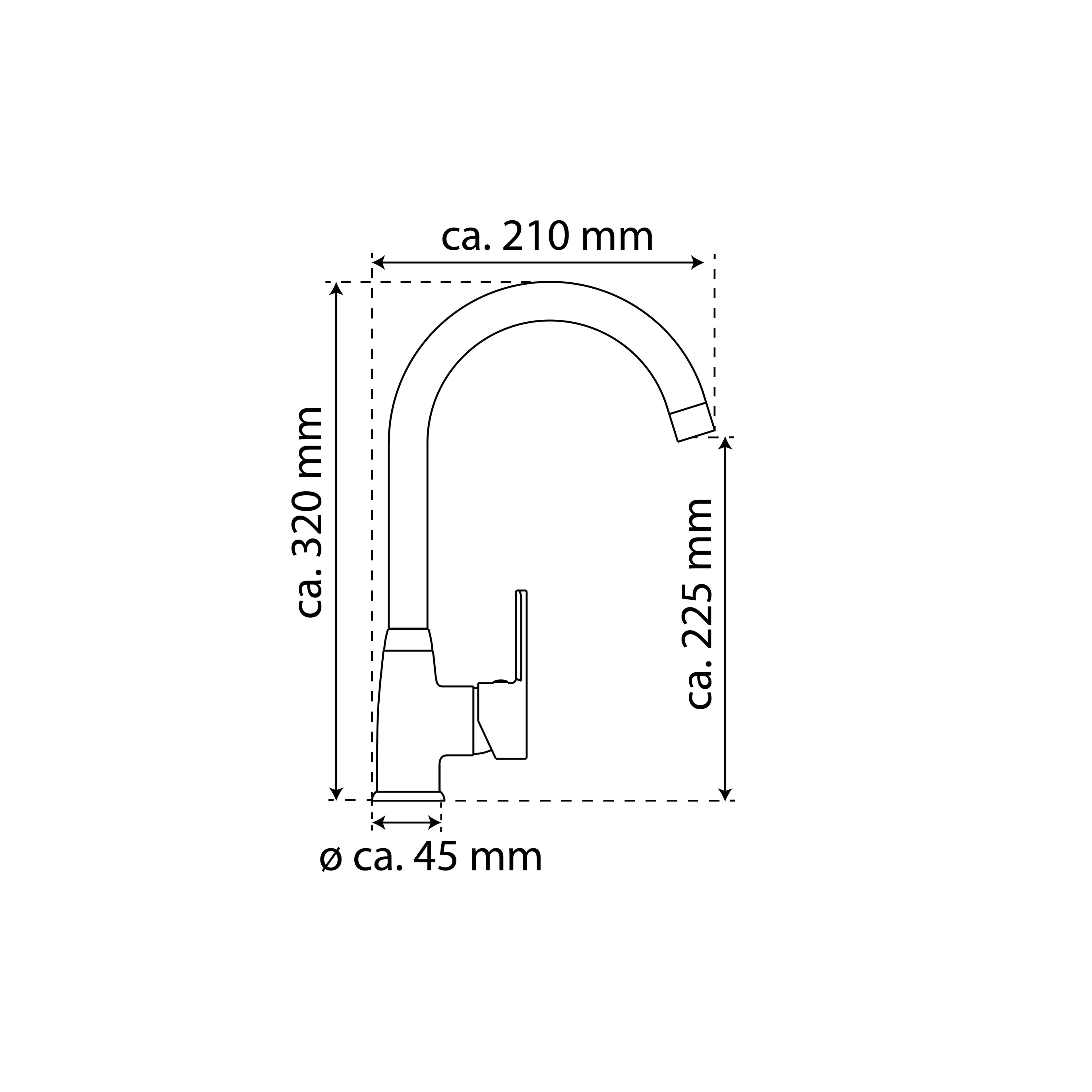 Diagramm eines Küchenarmaturhahns mit Maßangaben: Höhe circa 320 mm, Breite circa 210 mm, Auslauflänge circa 225 mm und Basisdurchmesser circa 45 mm.