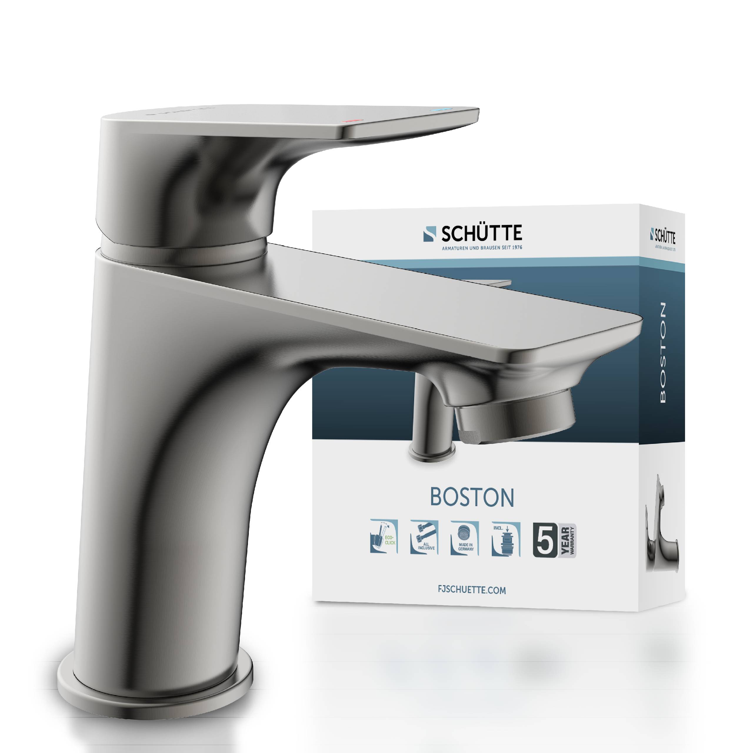 Moderner Chrom-Badezimmerhahn, gezeigt vor seiner Schütte-Produktbox 'Boston'.