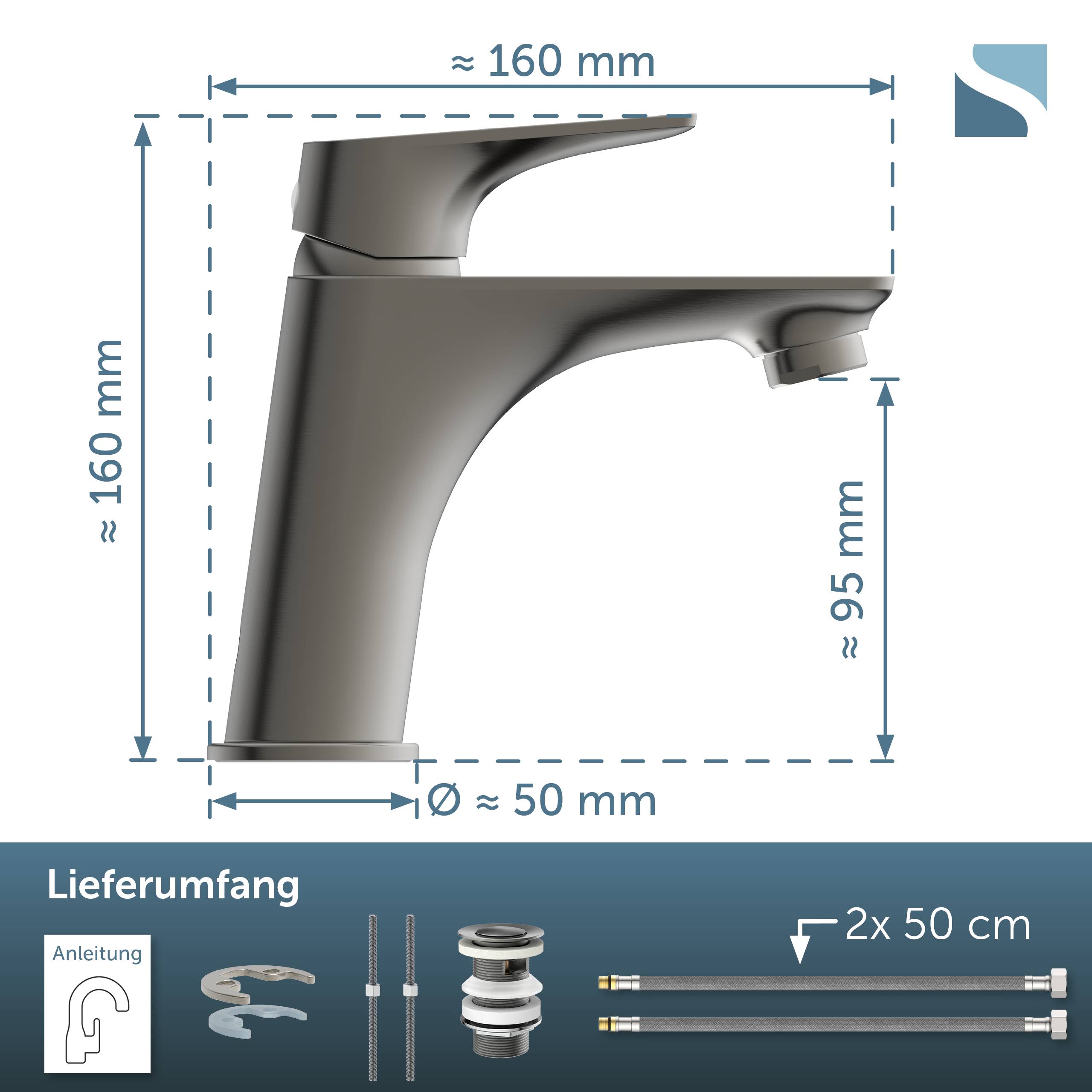 Moderner Einhebel-Badezimmerwasserhahn mit Abmessungen (160 mm Höhe und Tiefe, 95 mm Auslauffhöhe, 50 mm Sockel) und nachfolgend aufgeführte Einbauteile.