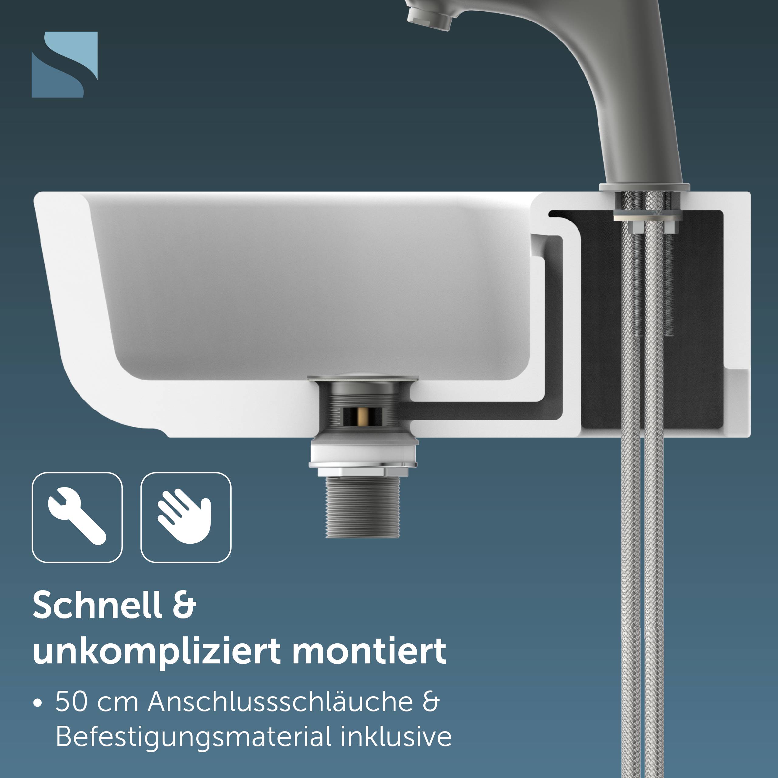 Diagramm einer Spülenmontage mit Armatur und Unterseite des Beckens, die schnelle und einfache Installation mit enthaltenen 50-cm-Schläuchen und Montagezubehör hervorhebt.
