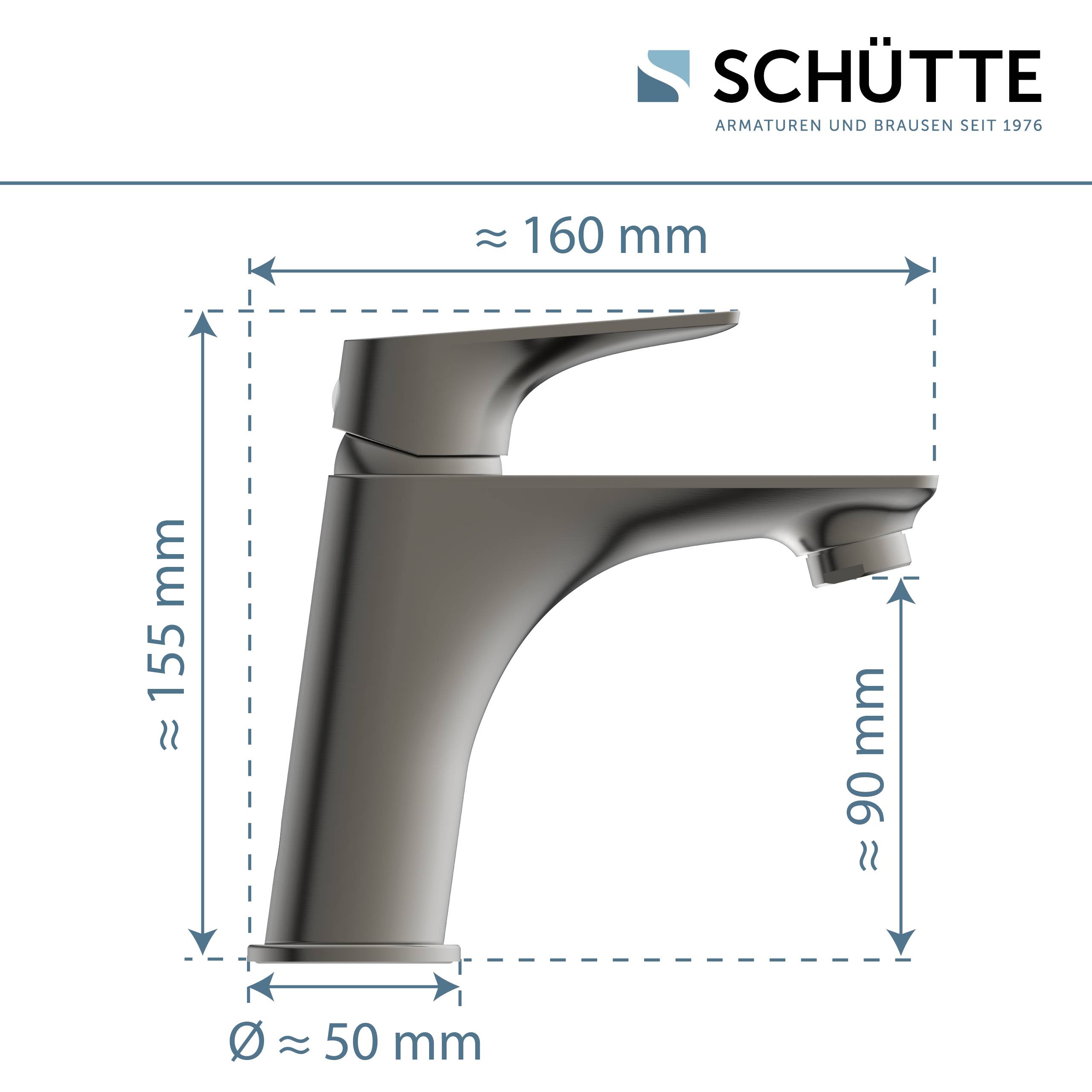 Seitenansicht eines Wasserhahns mit Maßangaben: Höhe 155 mm, Auslaufweite 160 mm, Basisdurchmesser 50 mm und Auslaufhöhe 90 mm.