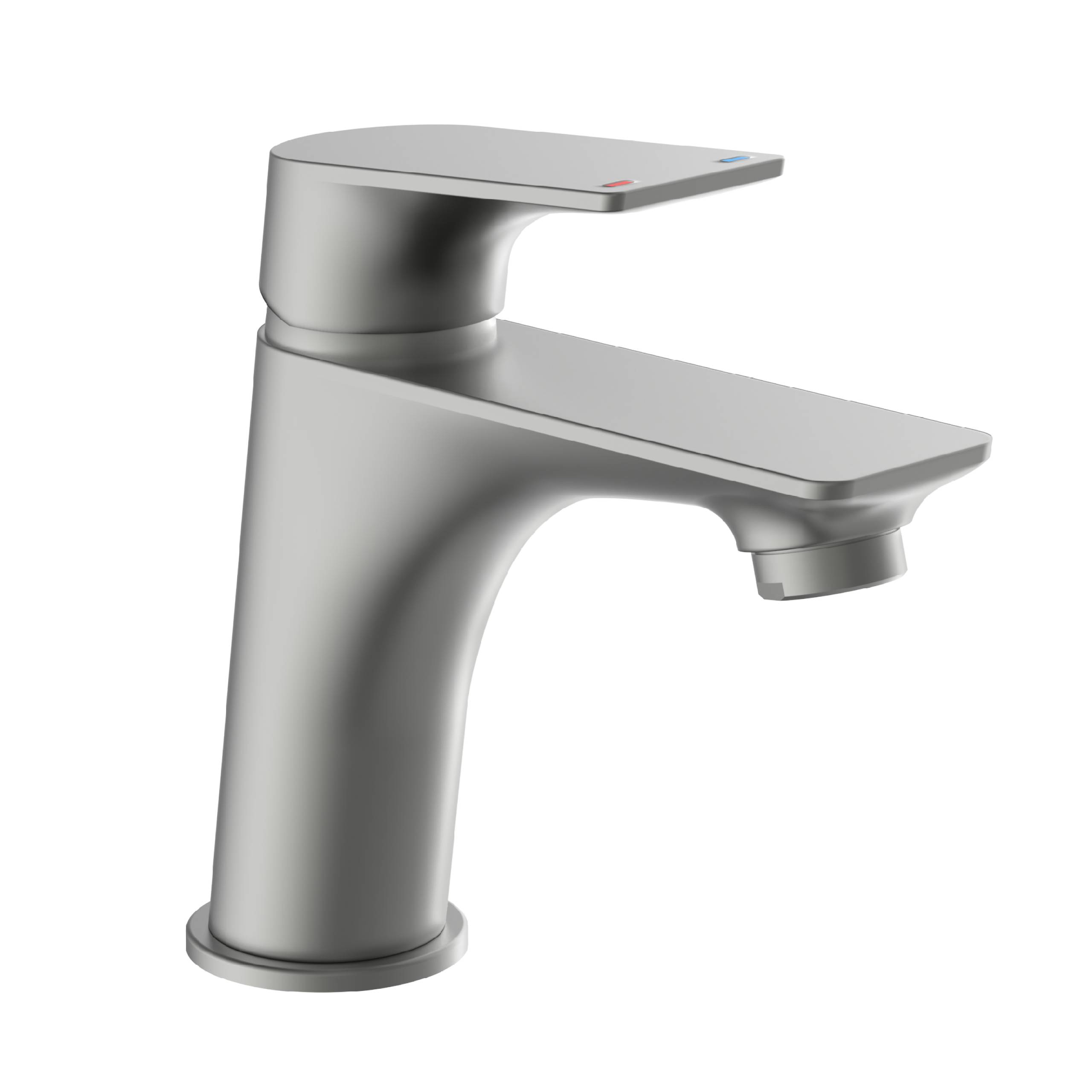Ein moderner, schlanker, silberner Badezimmer-Wasserhahn mit einem flachen Hebel-Griff, roten und blauen Markierungen zur Kennzeichnung von Warm- und Kaltwasser, passend für zeitgenössische Umgebungen.