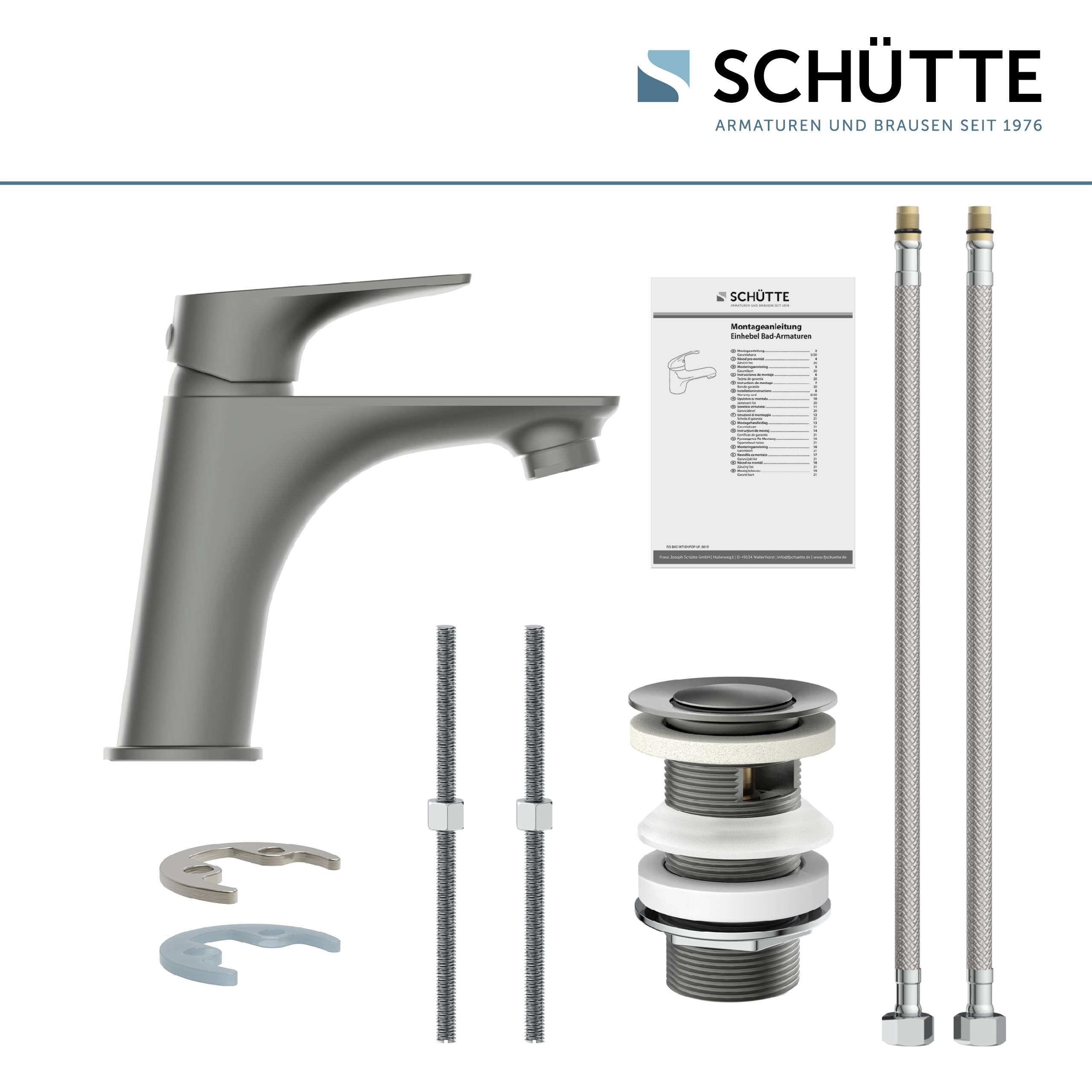 Badezimmer-Wasserhahn-Set mit Einhebelmischer, Installationsanleitung, zwei flexiblen Schläuchen und Befestigungsmaterial.